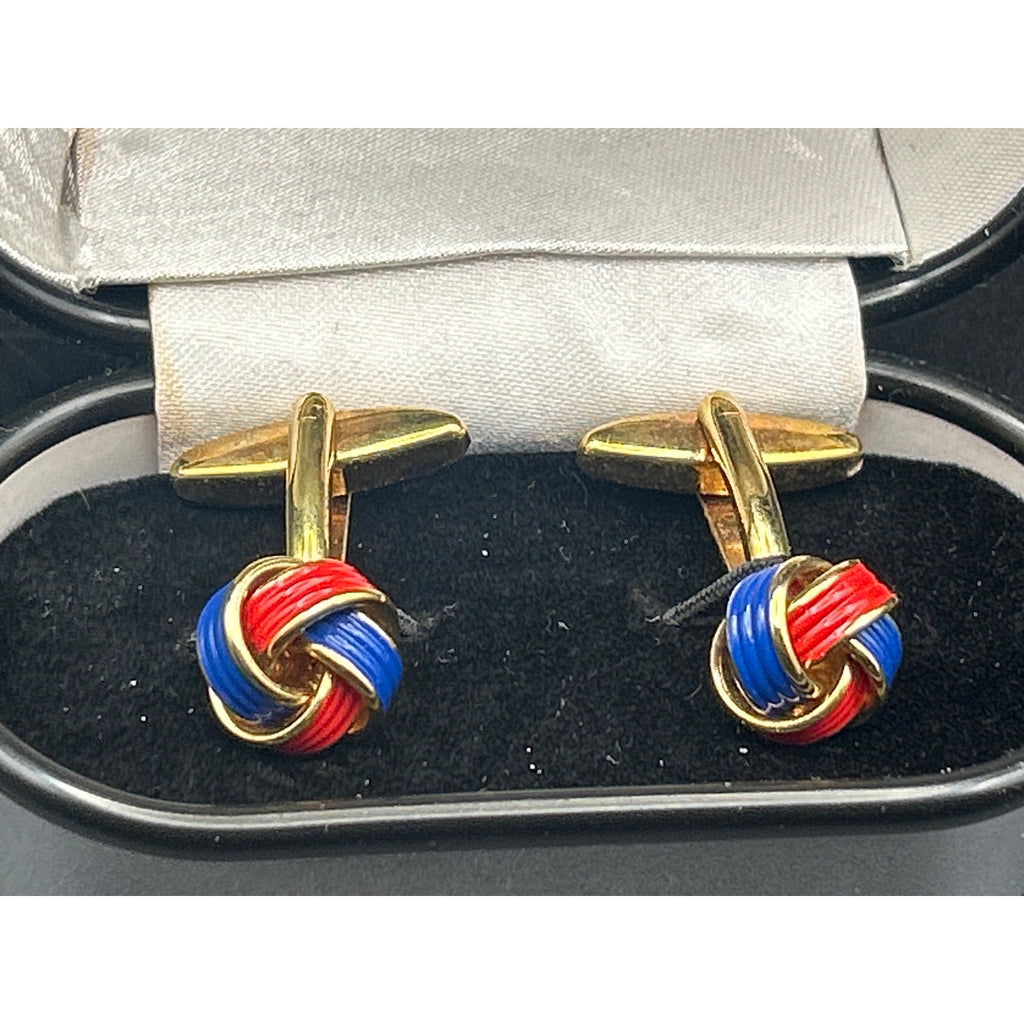 Vintage Red Blue Enamel Love Knot Cufflinks | Gold Tone Boxed Wedding Gift Dad