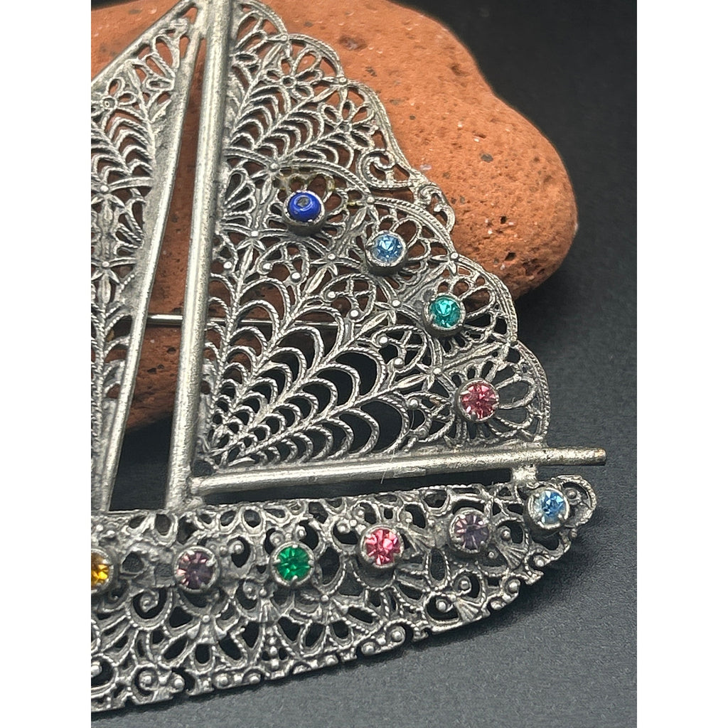 Vintage Silver Tone Filigree Sailboat Brooch Rhinestone Nautical Pin 3x3"