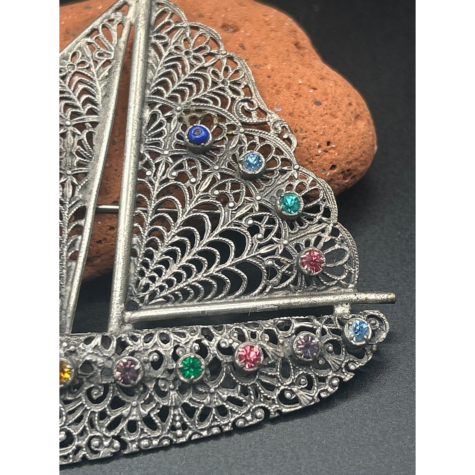 Vintage Silver Tone Filigree Sailboat Brooch Rhinestone Nautical Pin 3x3"