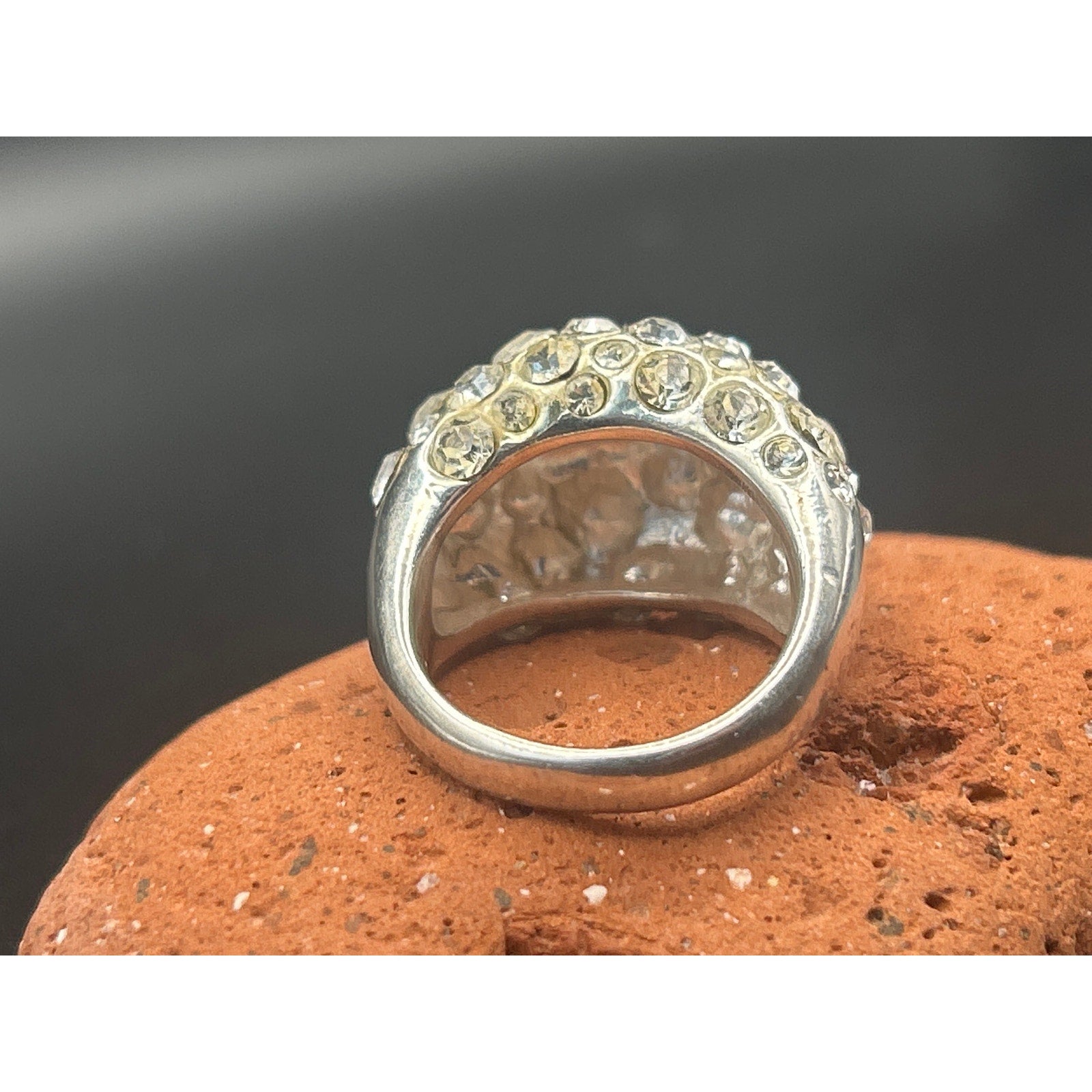 Vintage Fossil Rhinestone Statement Ring Size 7 Silver Tone Pave Dome Y2K 2000s