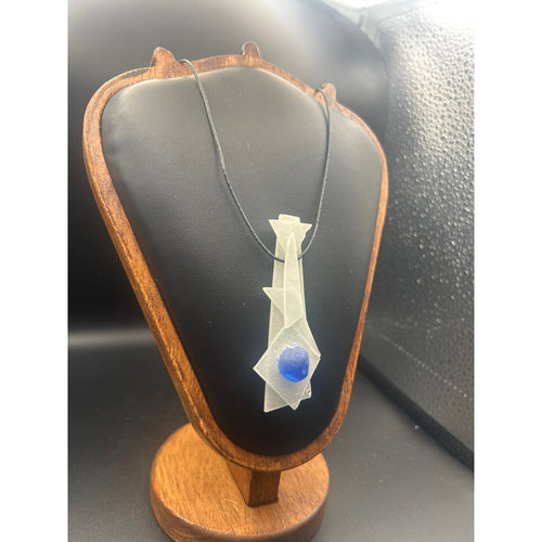 Handmade White Light Blue Fused Art Glass Pendant Cord Necklace Studio