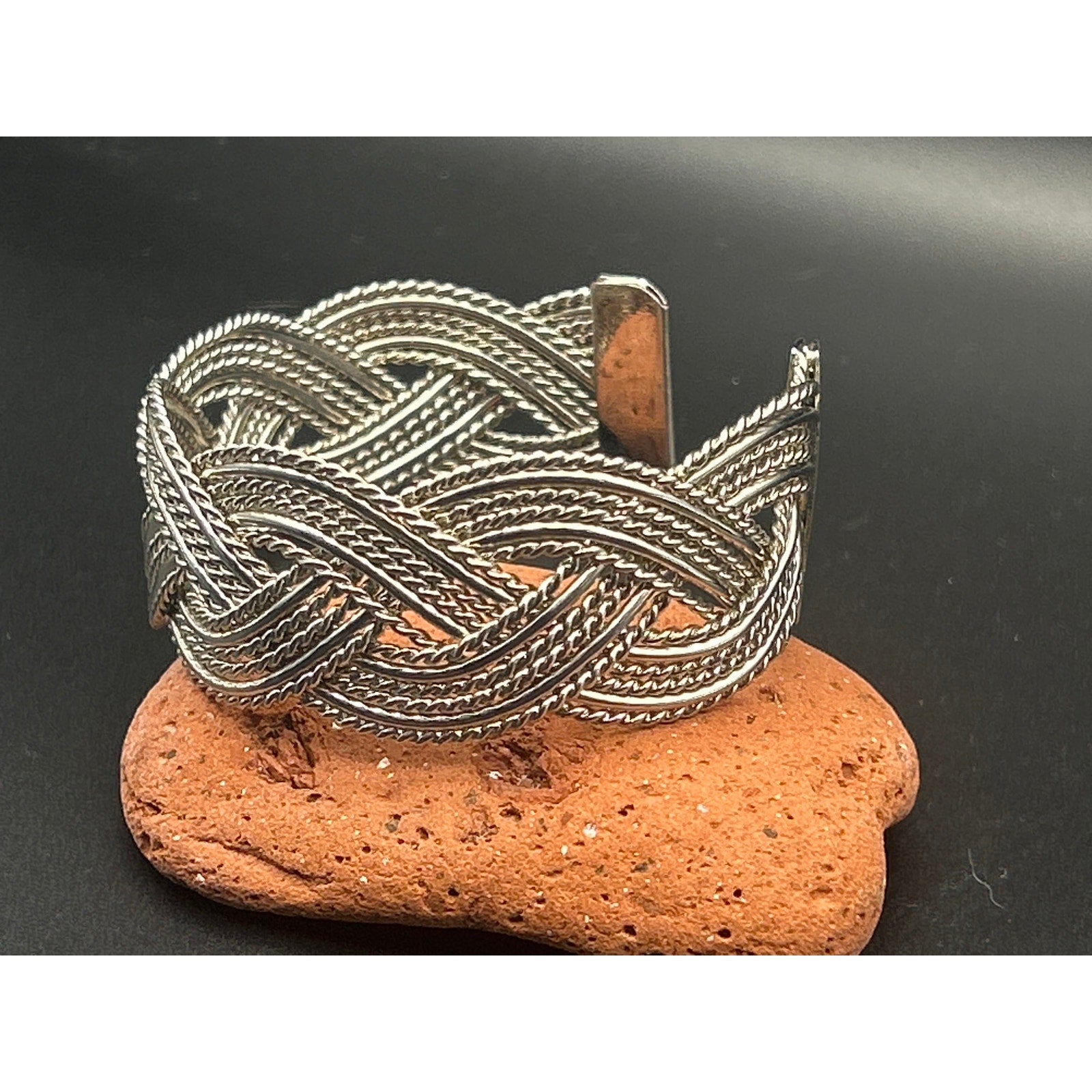 Vintage Silver Tone Braided Wire Cuff Bracelet Mixed Texture Open Bangle Adjust