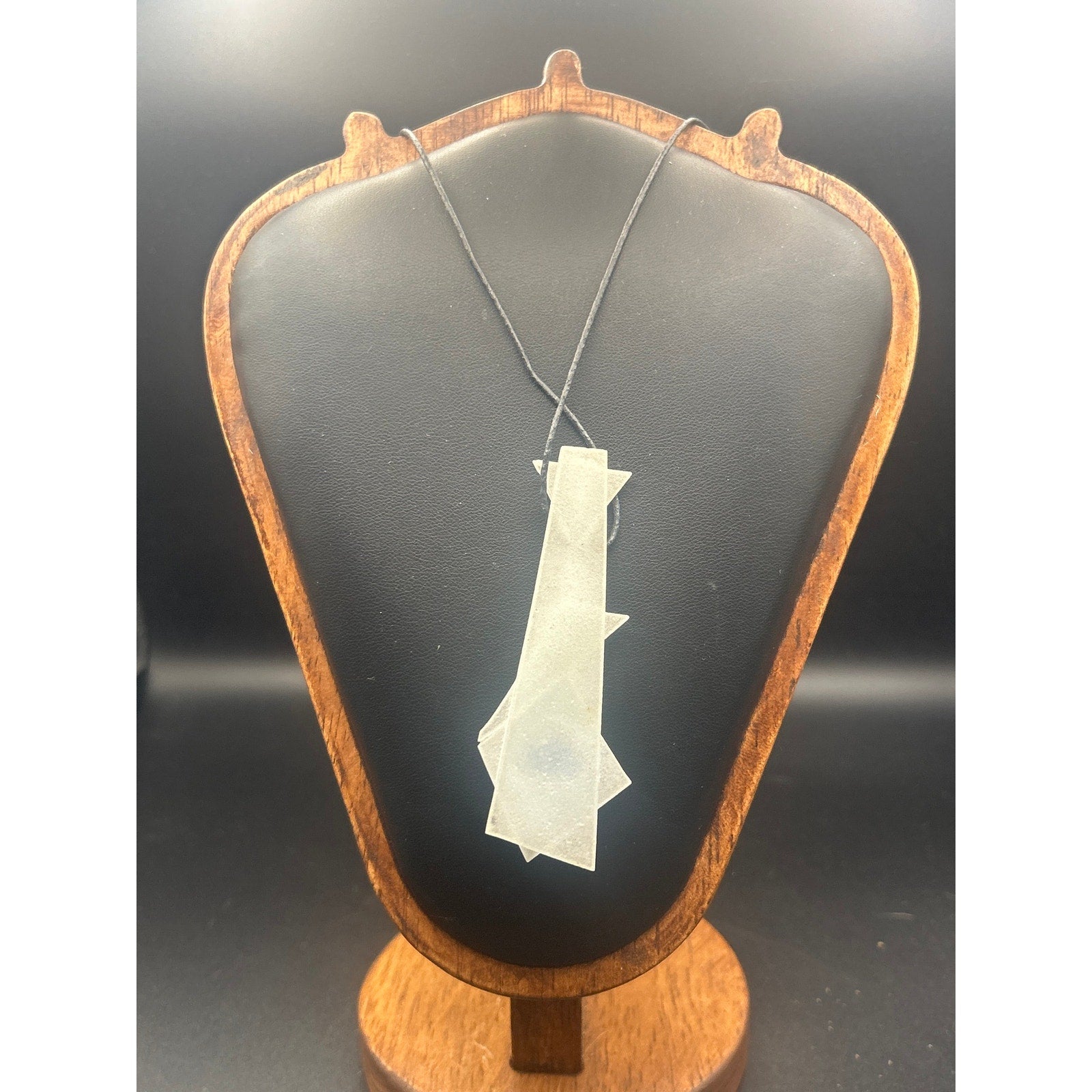 Handmade White Light Blue Fused Art Glass Pendant Cord Necklace Studio