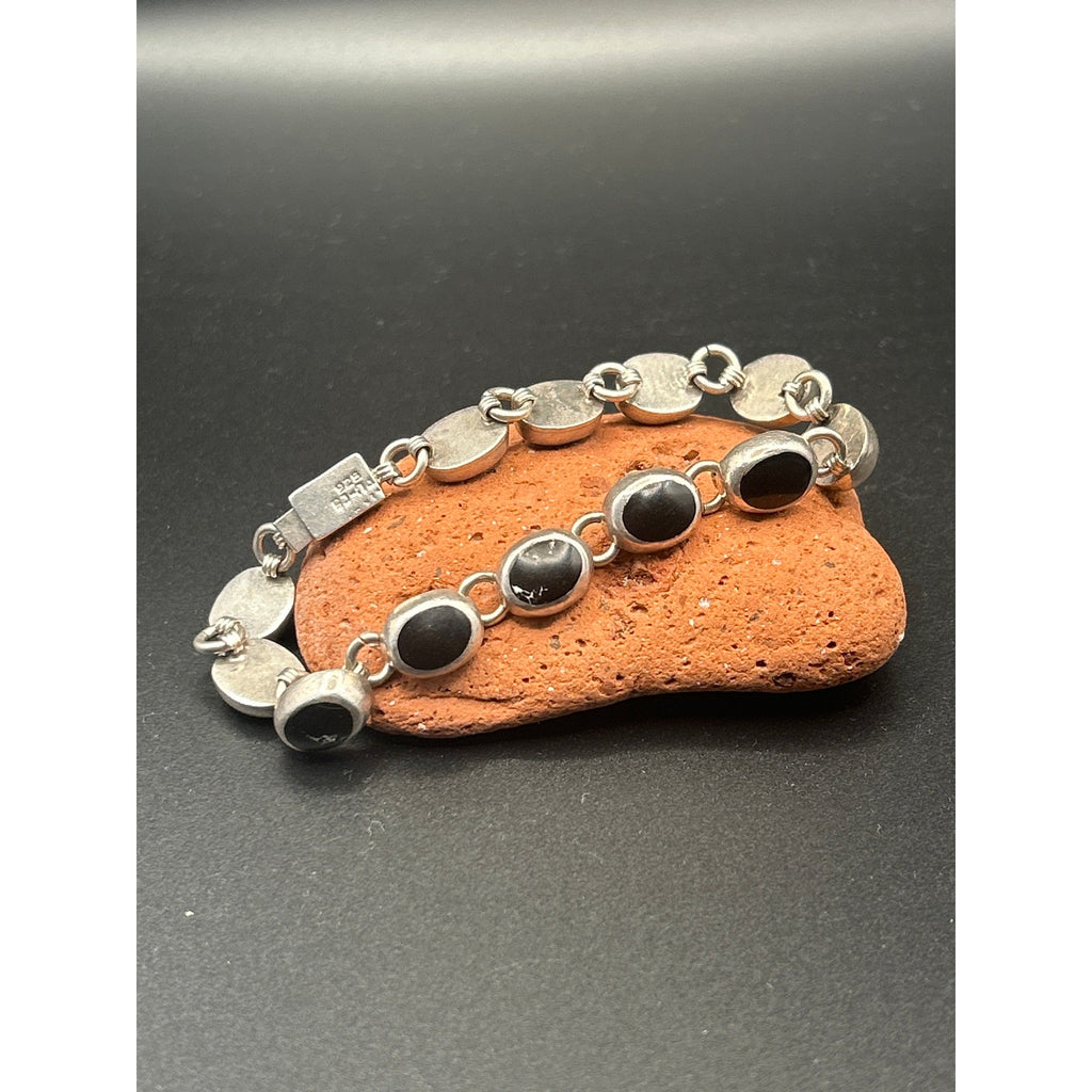 Vintage Taxco 925 Sterling Silver Heavy Black Onyx Link Bracelet 7" Mexico