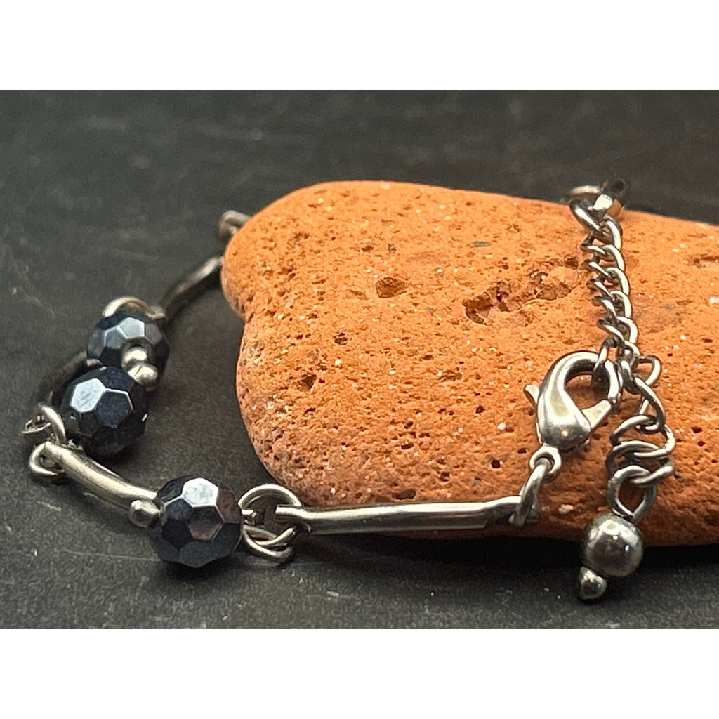 Vintage Silver Tone Adjustable Dark Navy Beaded Chain Bracelet