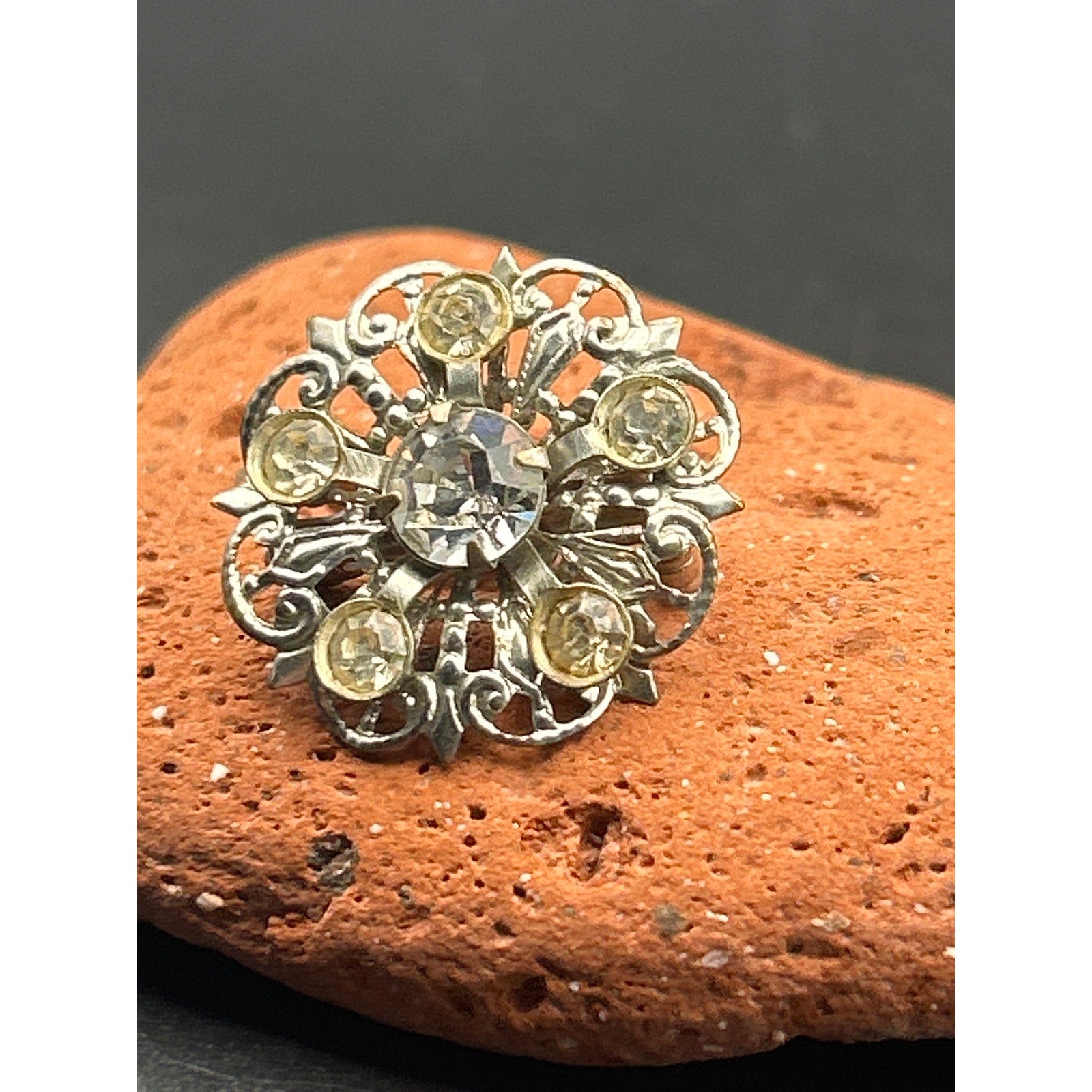Vintage Mid Century Silver Tone AB Rhinestone Flower Brooch | 1960s Aurora Pin