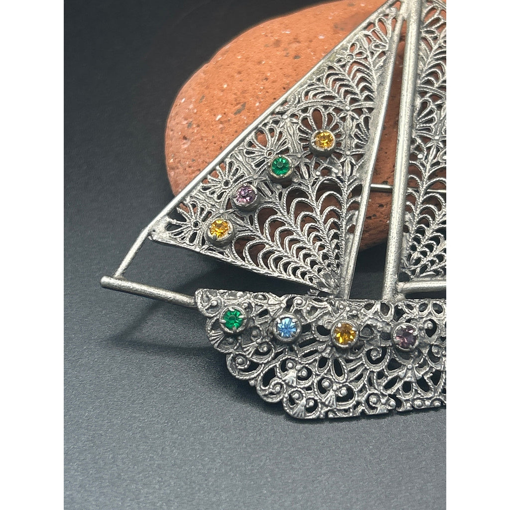Vintage Silver Tone Filigree Sailboat Brooch Rhinestone Nautical Pin 3x3"