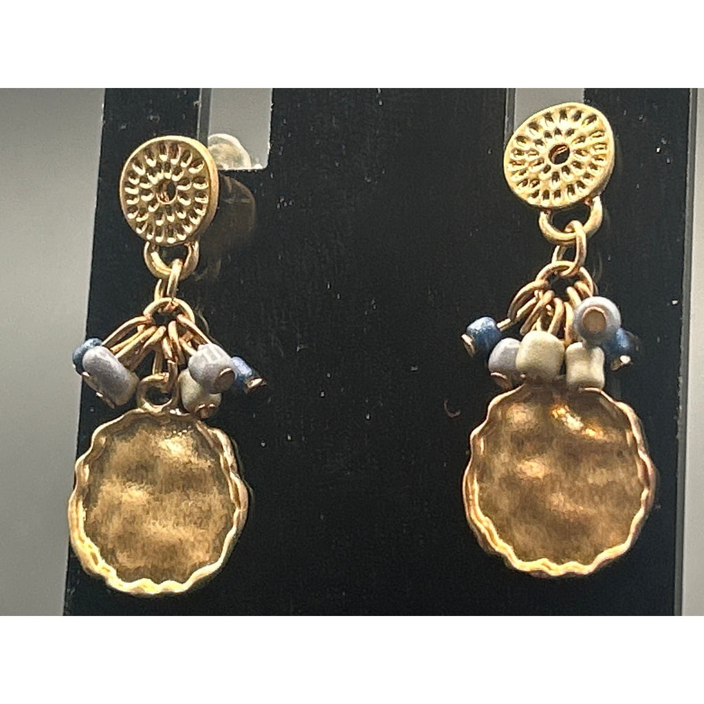 Vintage Gold Tone Hammered Coin Drop Earrings Blue Gray Bead Cluster