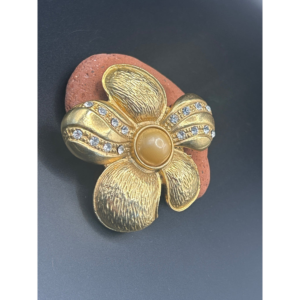 Vintage 80s Gold Tone Flower Brooch Faux Pearl Rhinestone Floral Pin 2.5 x 2.5"