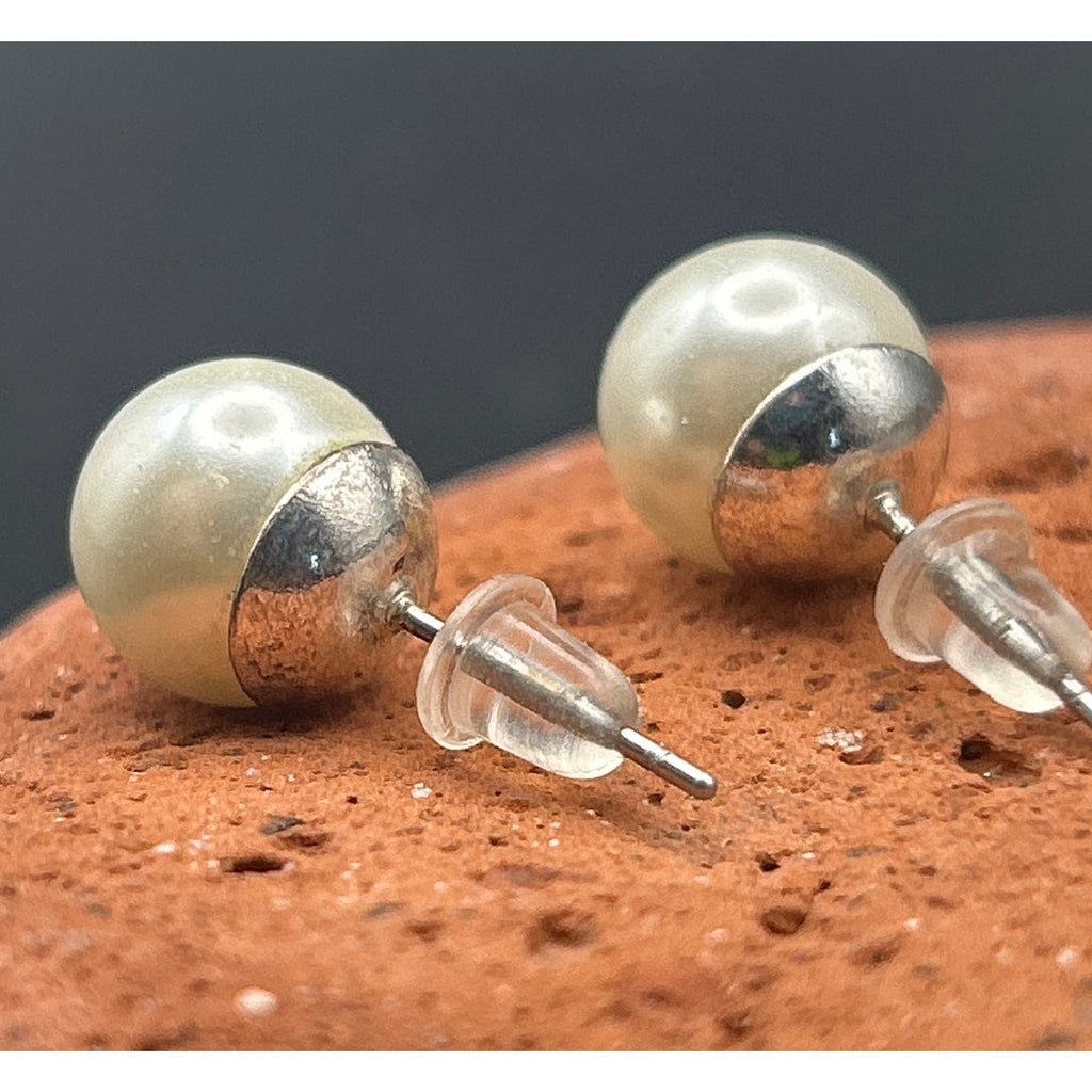 Vintage Faux Pearl Stud Earrings 7mm White Pearl Silver Tone Posts Classic
