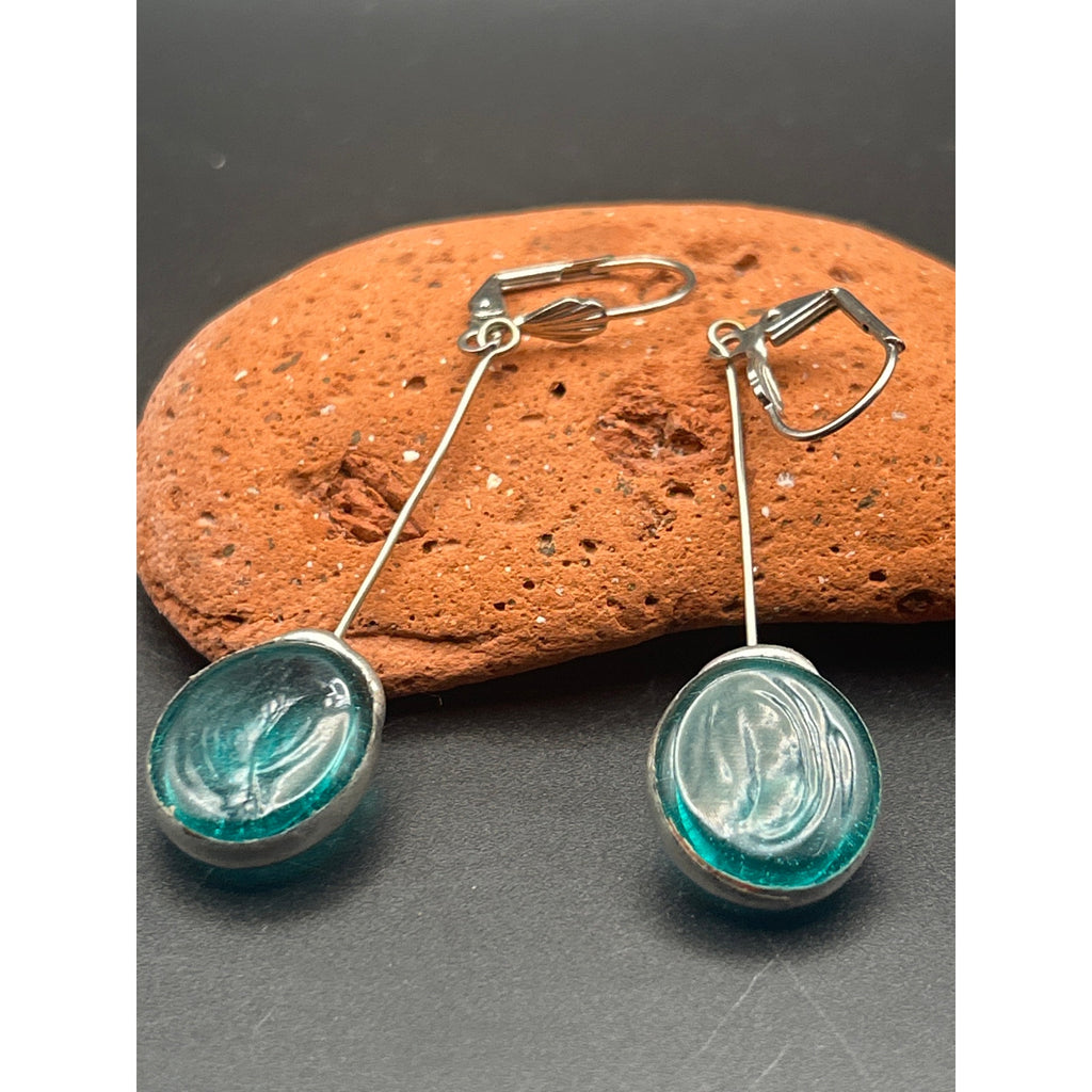 Handmade Fused Glass Drop Earrings Teal Blue Green Art Glass Dangle