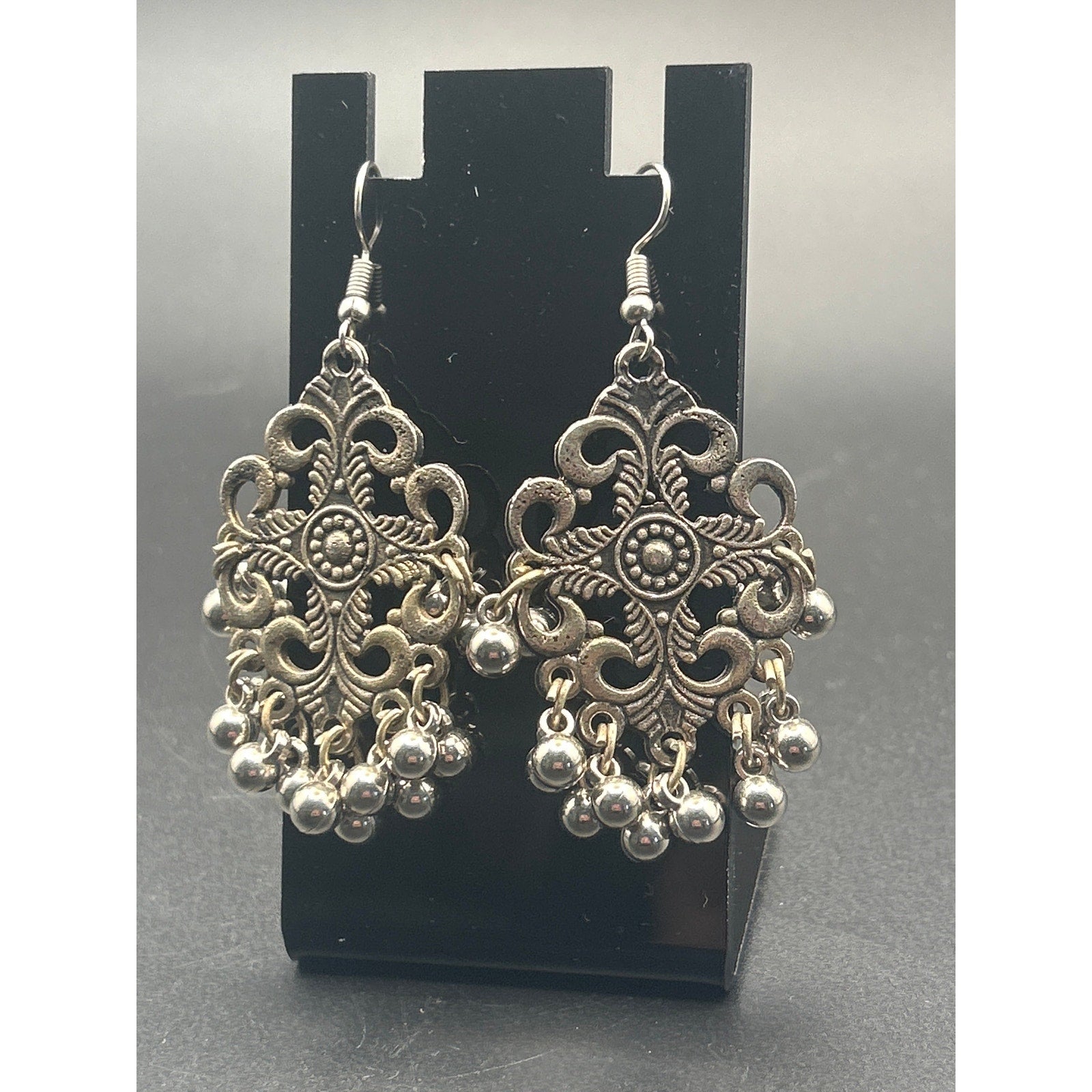Tribal Oxidized Silver Drop Earrings | Boho Floral Dangle Beads