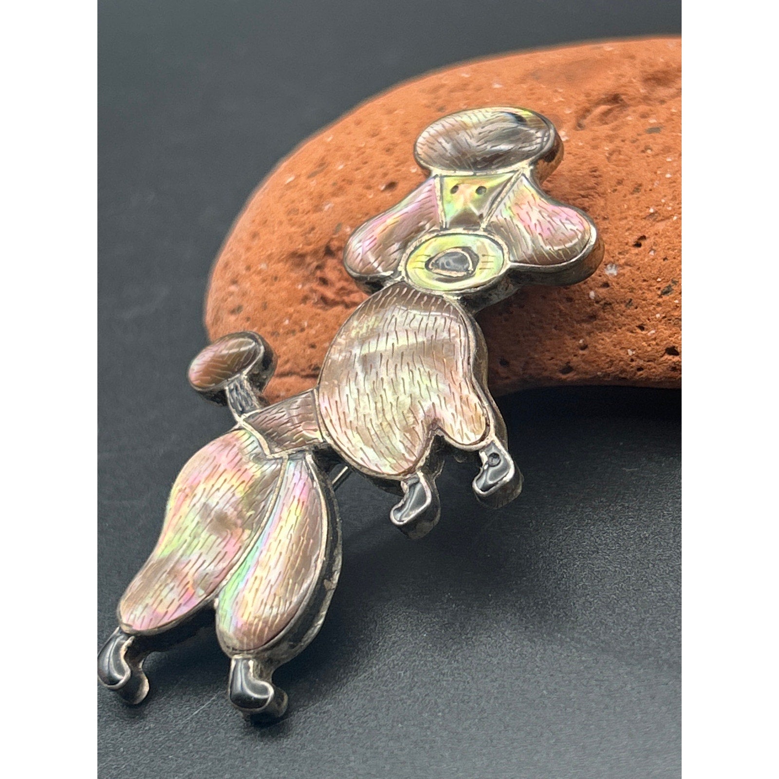 Vintage 1950s Silver Tone Pearlized Enamel Dancing Poodle Dog Brooch