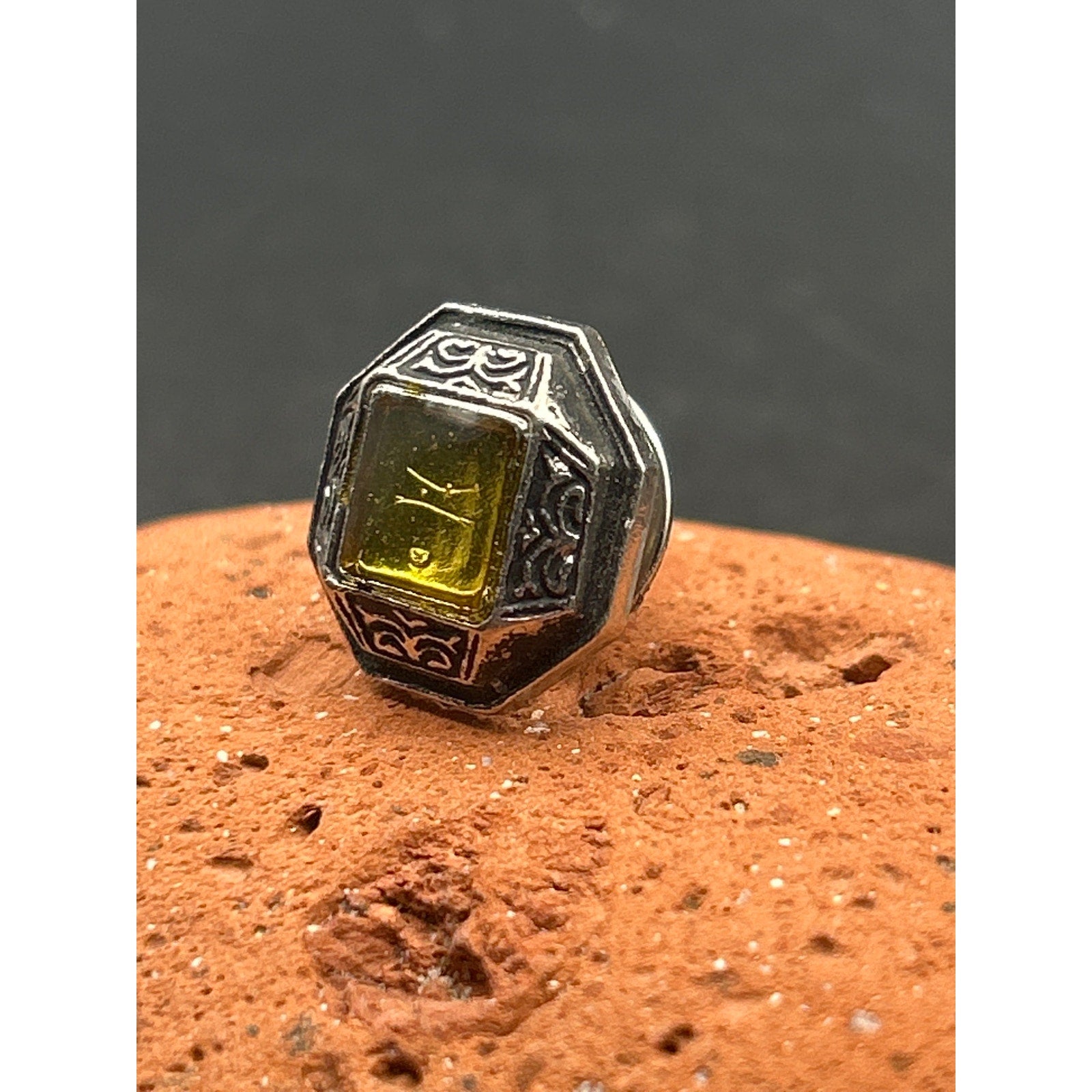 Vintage Geometric Octagon Yellow Glass Gem Silver Tone Lapel Pin