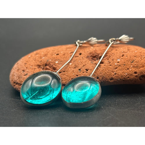 Handmade Fused Glass Drop Earrings Teal Blue Green Art Glass Dangle