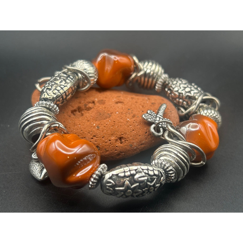 Vintage Orange Beaded Charm Bracelet | Silver Tone Heart Butterfly Dragonfly