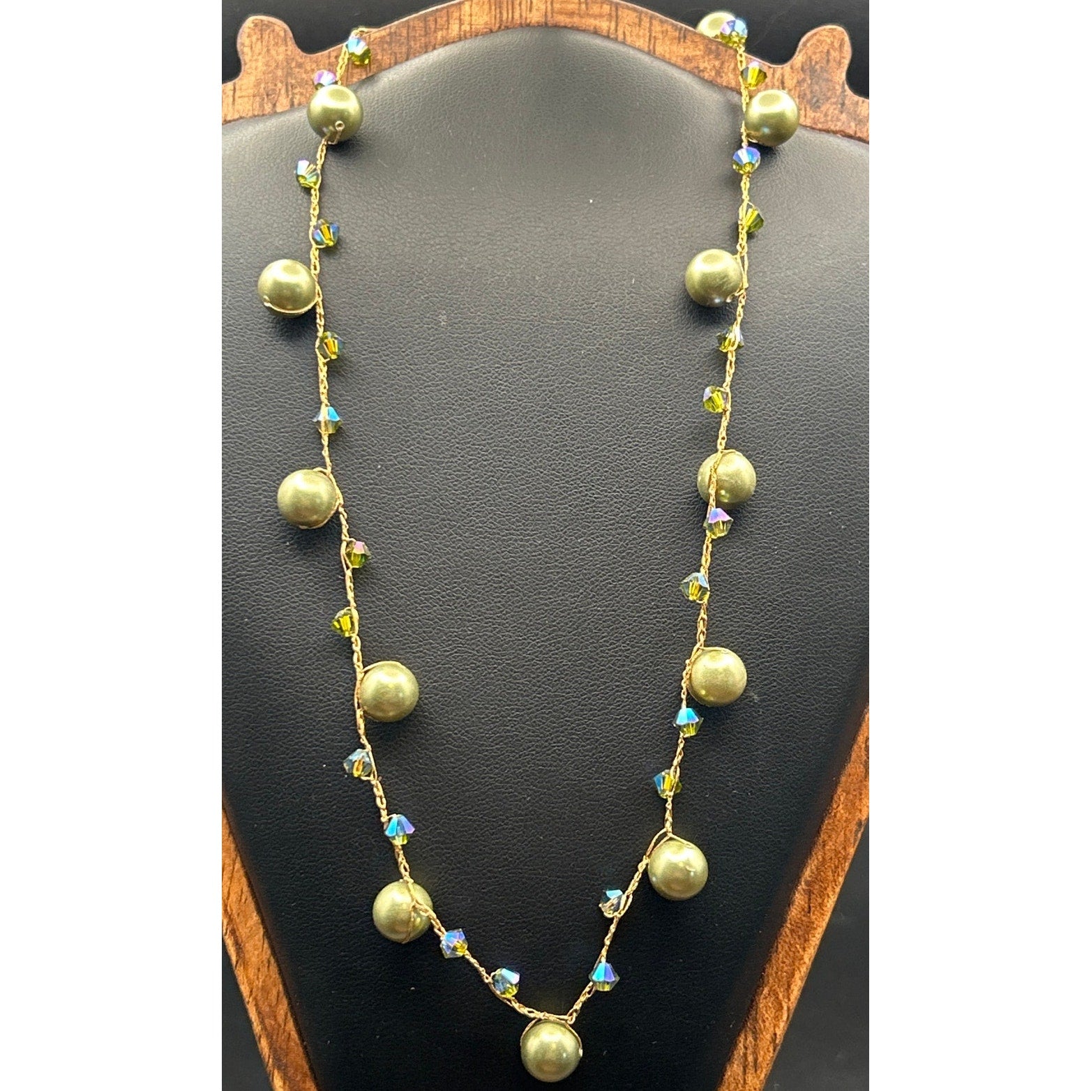 Handmade AB Crystal Gold Tone Station Necklace Wire Wrapped Beads