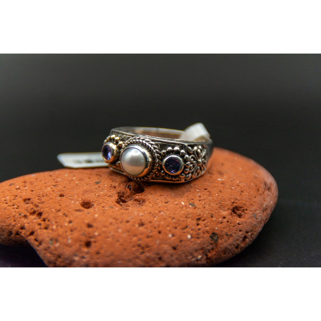 Sarda Bali Cultured Freshwater Pearl and Tanzanite 925 Ring - Size 9