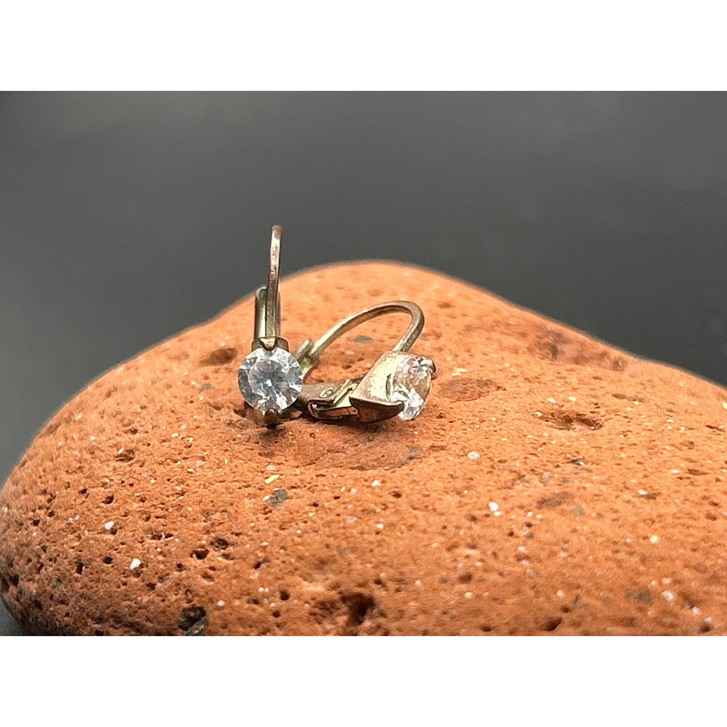 Vintage 1970s Brass Leverback Drop Earrings Clear Crystal Glass Stone