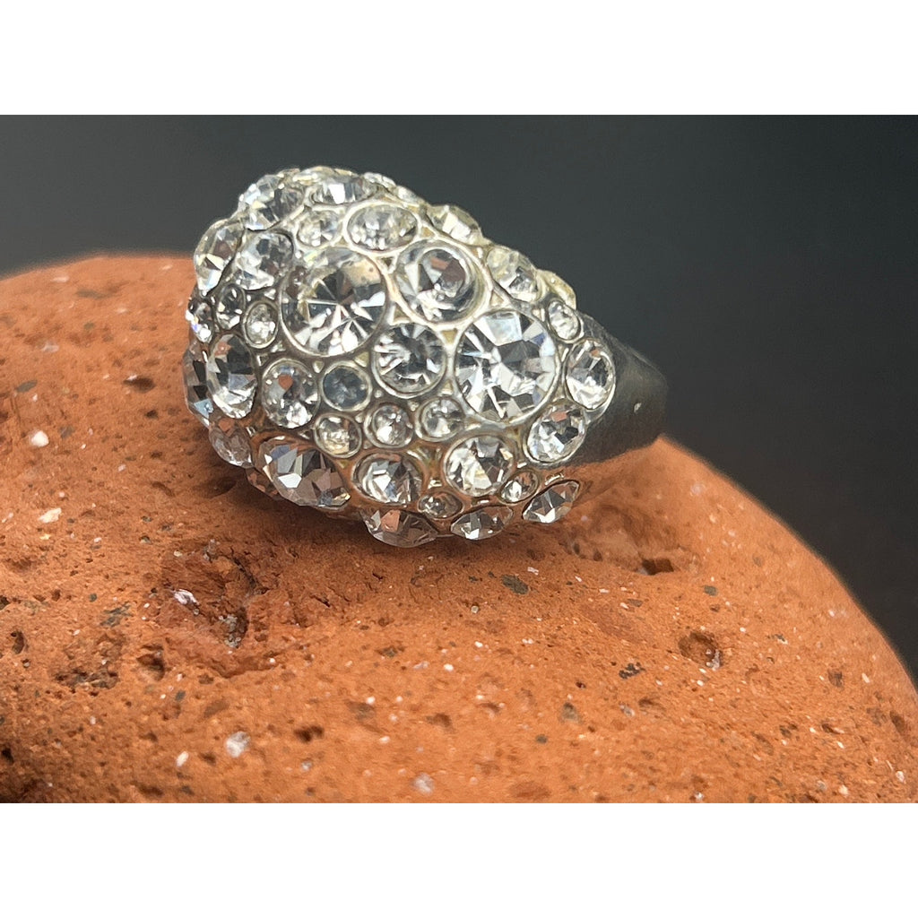 Vintage Fossil Rhinestone Statement Ring Size 7 Silver Tone Pave Dome Y2K 2000s