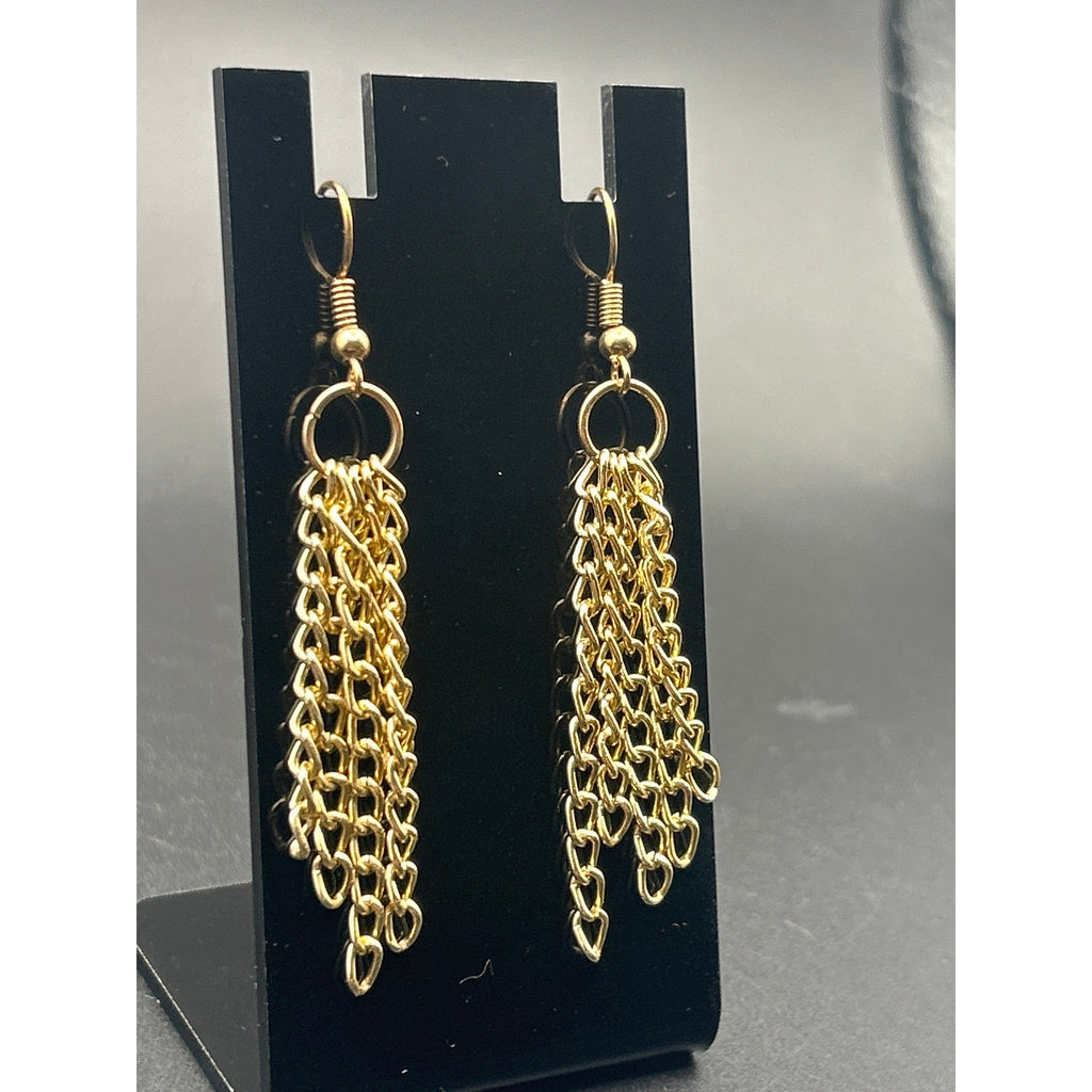 Vintage Gold Tone Multi Strand Fringe Chain Tassel Dangle Earrings