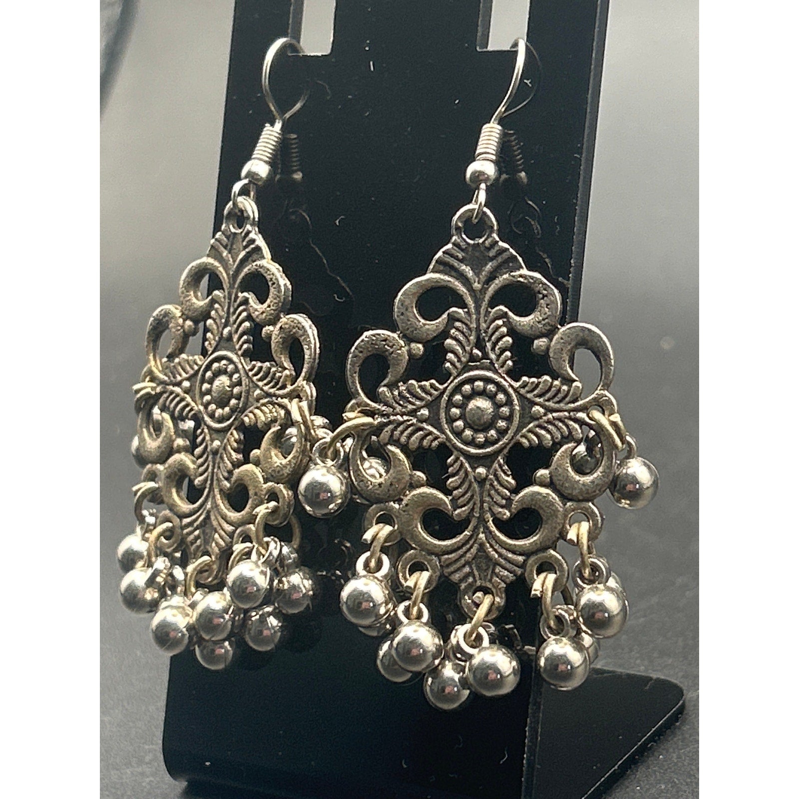 Tribal Oxidized Silver Drop Earrings | Boho Floral Dangle Beads