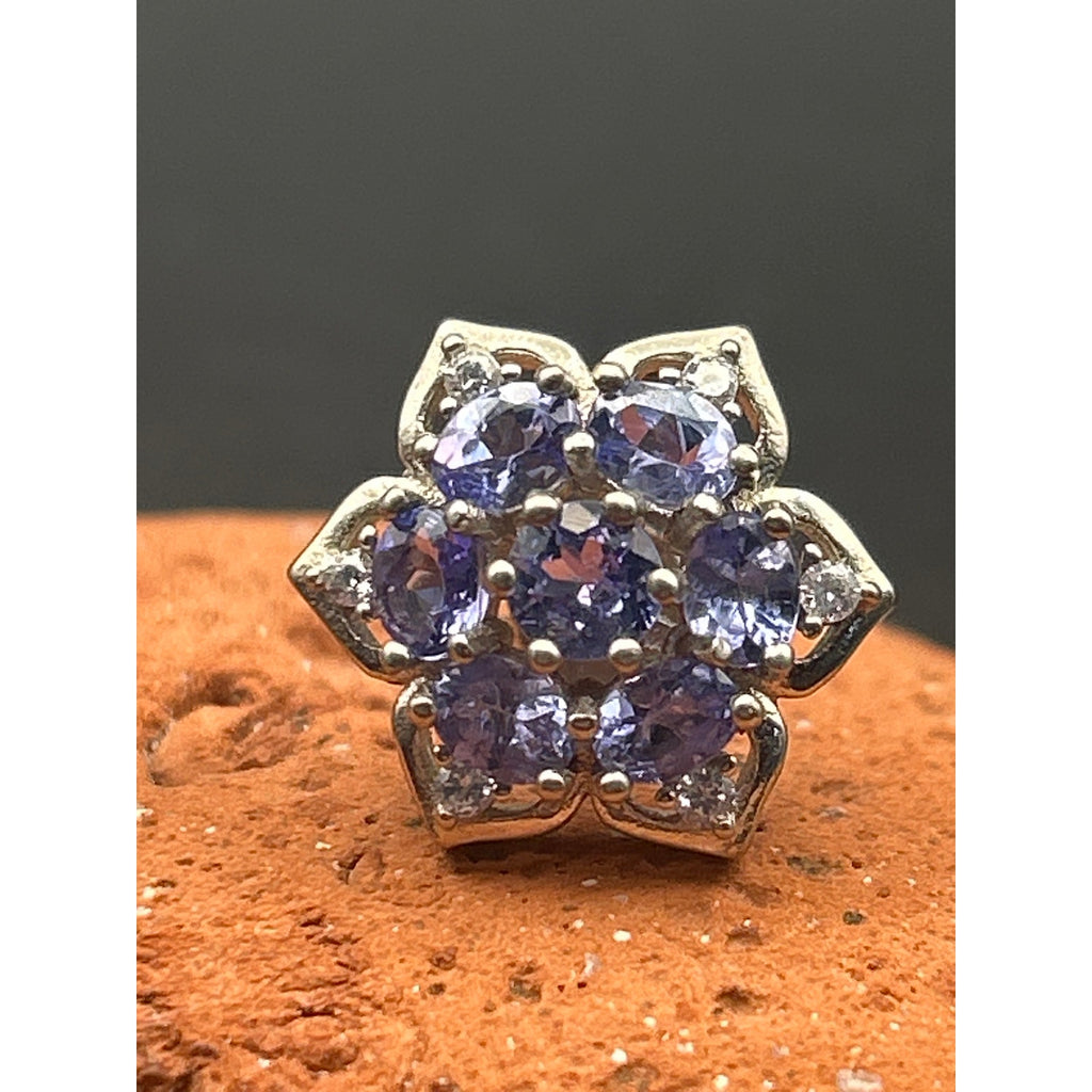 Vintage Purple White Stone Floral Rosette Cluster Stud Earrings Silver Tone