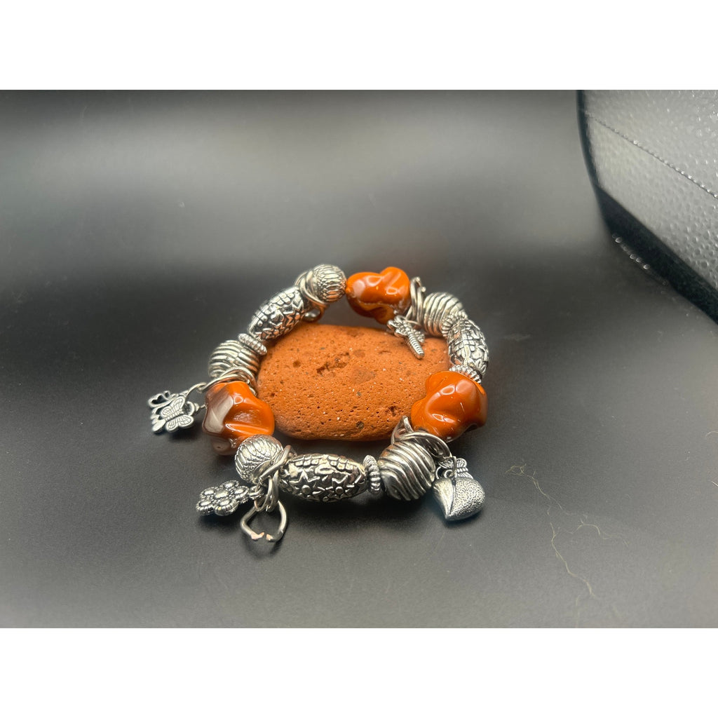 Vintage Orange Beaded Charm Bracelet | Silver Tone Heart Butterfly Dragonfly
