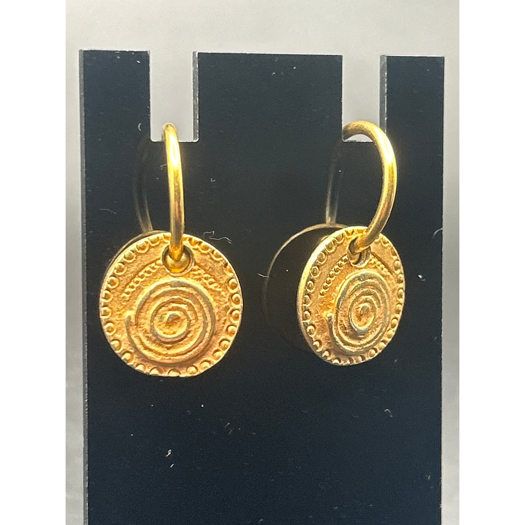 Vintage Gold Tone Textured Swirl Spiral Coin Medallion Drop Earrings