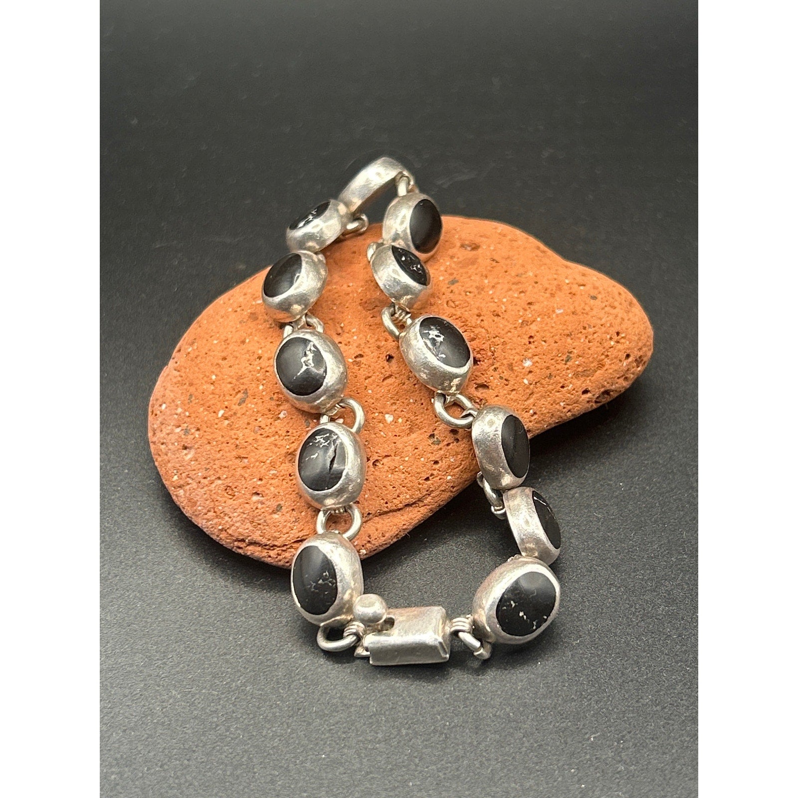 Vintage Taxco 925 Sterling Silver Heavy Black Onyx Link Bracelet 7" Mexico