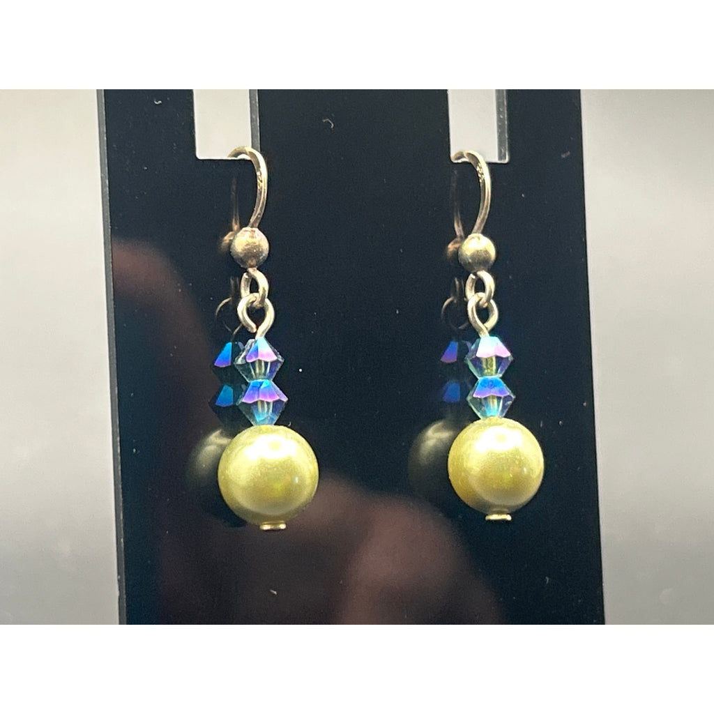 Handmade Olive Green Faux Pearl AB Crystal Bead Drop Dangle Earrings