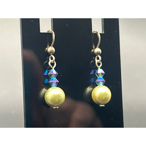 Handmade Olive Green Faux Pearl AB Crystal Bead Drop Dangle Earrings