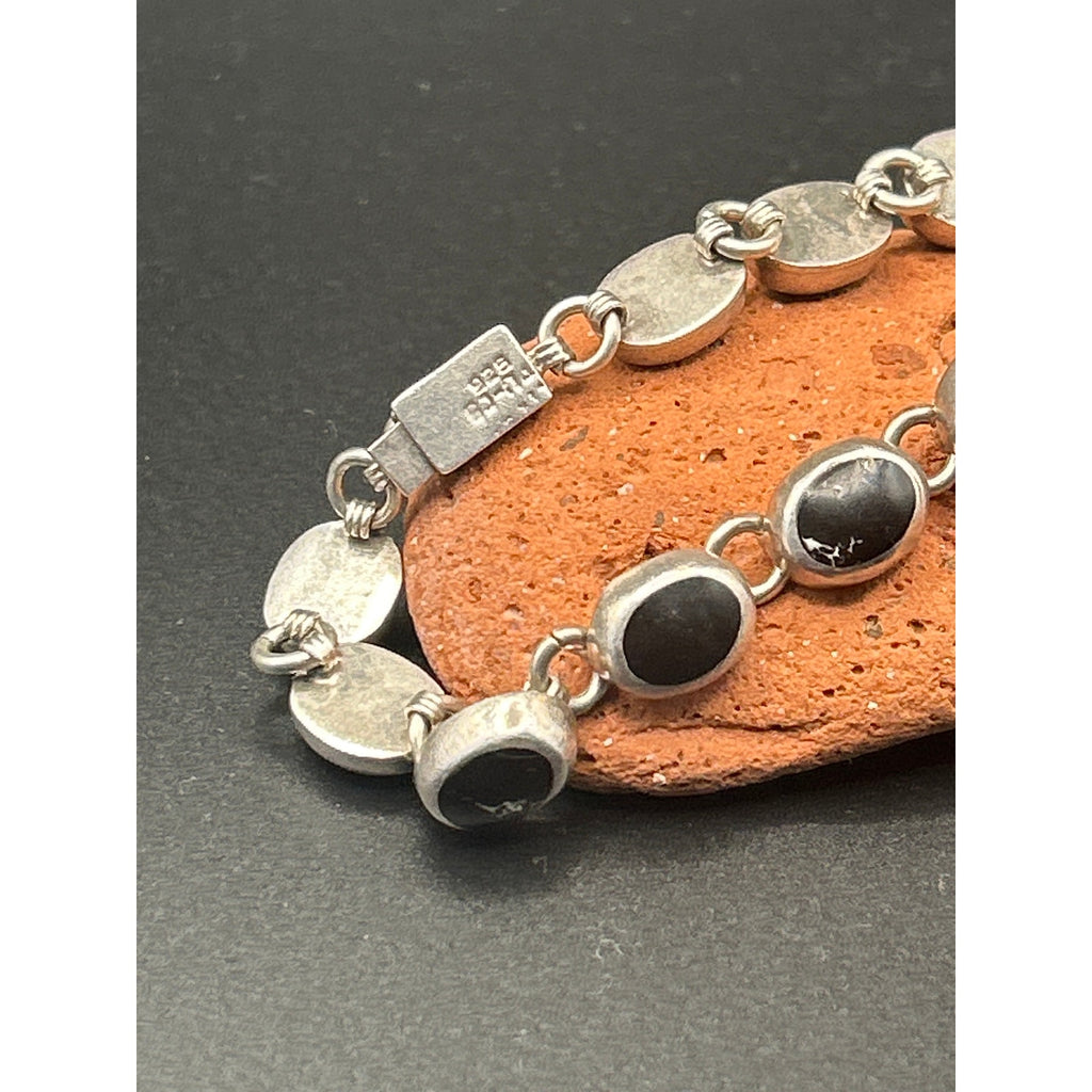 Vintage Taxco 925 Sterling Silver Heavy Black Onyx Link Bracelet 7" Mexico