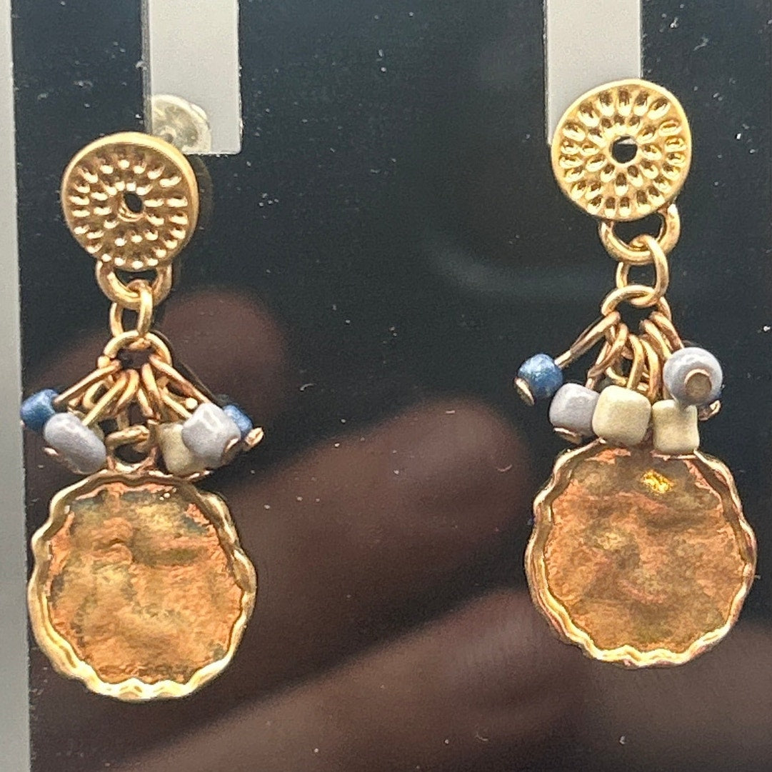 Vintage Gold Tone Hammered Coin Drop Earrings Blue Gray Bead Cluster