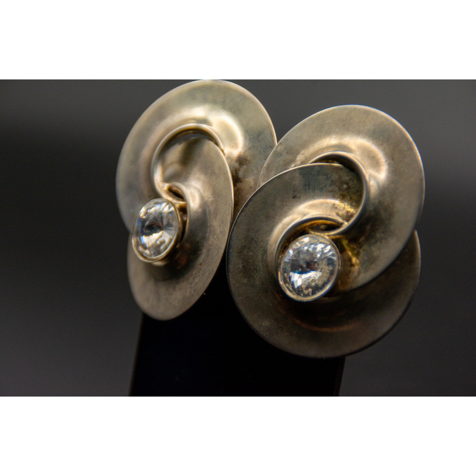 Vtg Norma Jean Swirl Clip On Earrings Large Rivoli Headlight Crystal 80s 90s