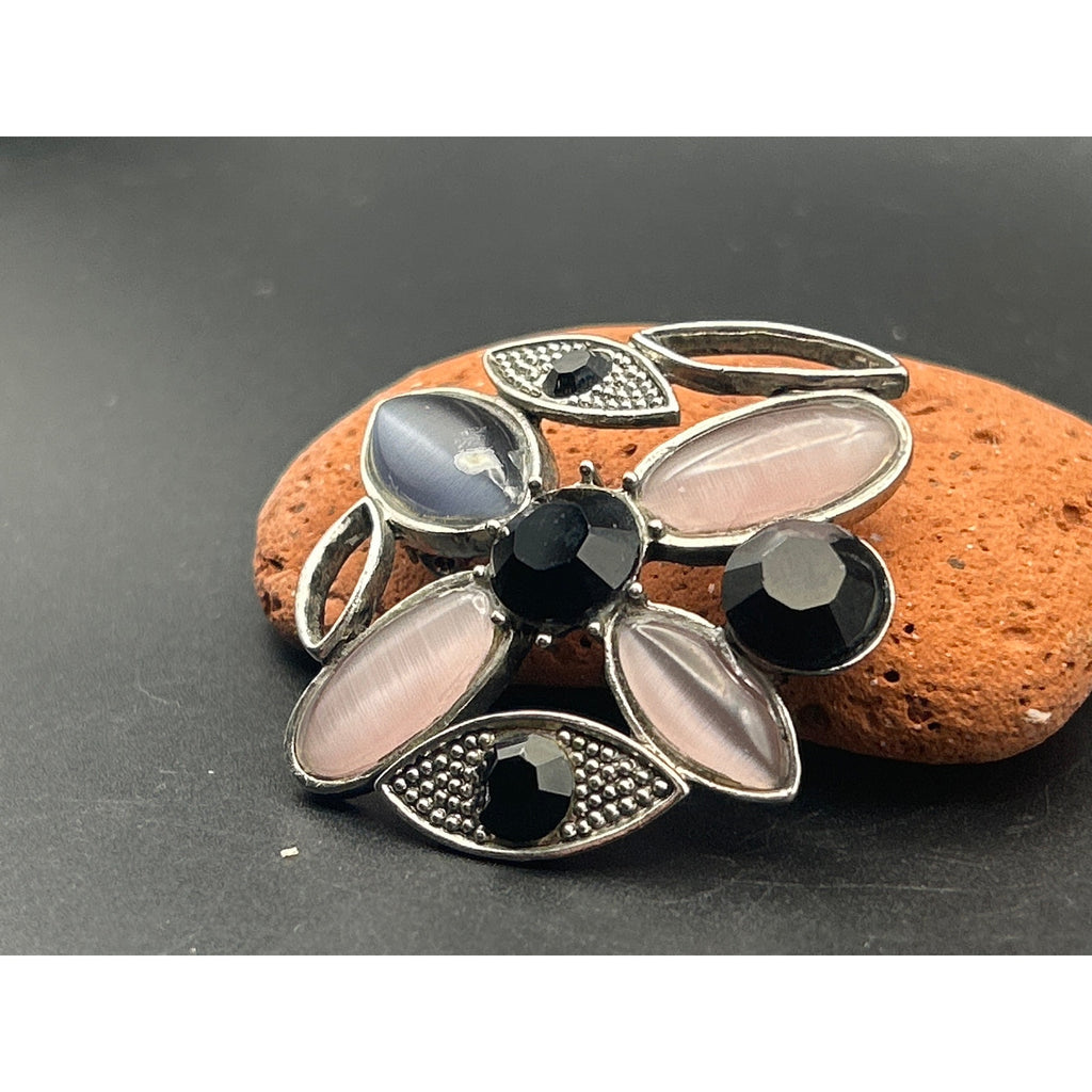 Vintage 1980s Evil Eye Brooch Pin Pink Black Purple Marquise Silver Tone Gothic