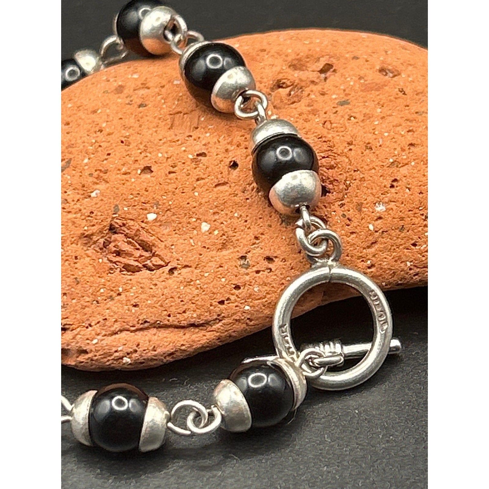 Vintage Mexican 925 Sterling Silver Black Onyx Bead Bracelet 6.5" Toggle