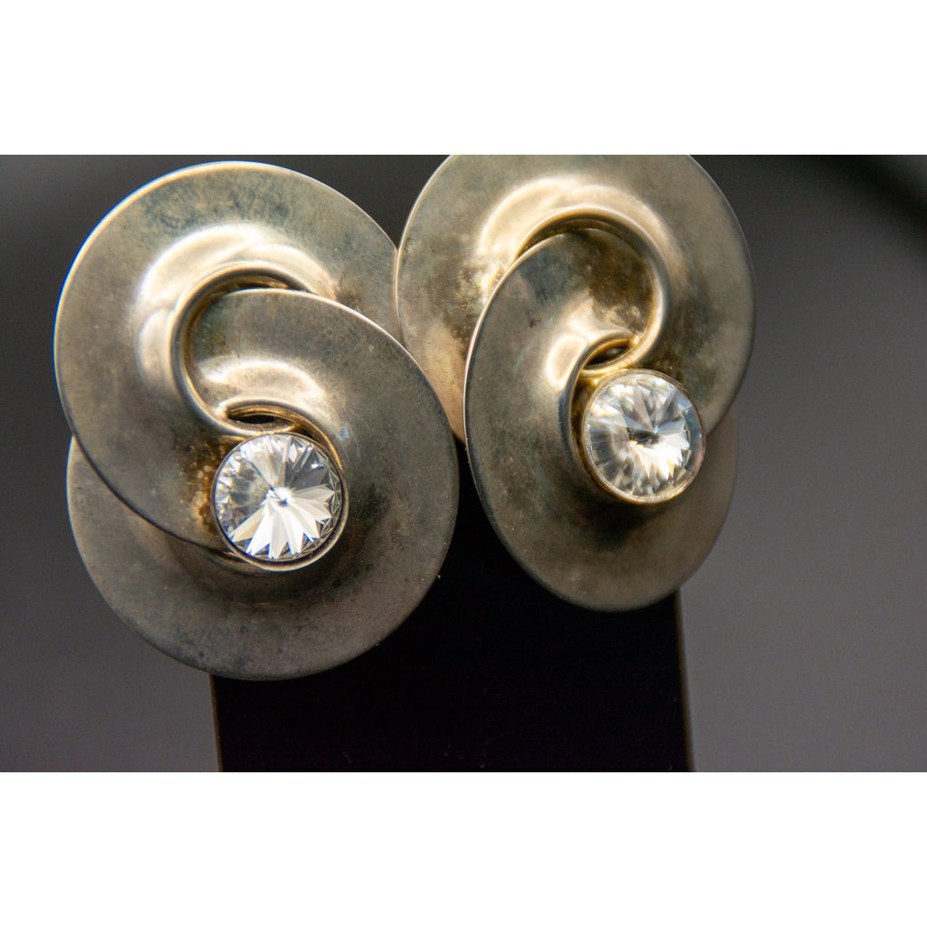 Vtg Norma Jean Swirl Clip On Earrings Large Rivoli Headlight Crystal 80s 90s