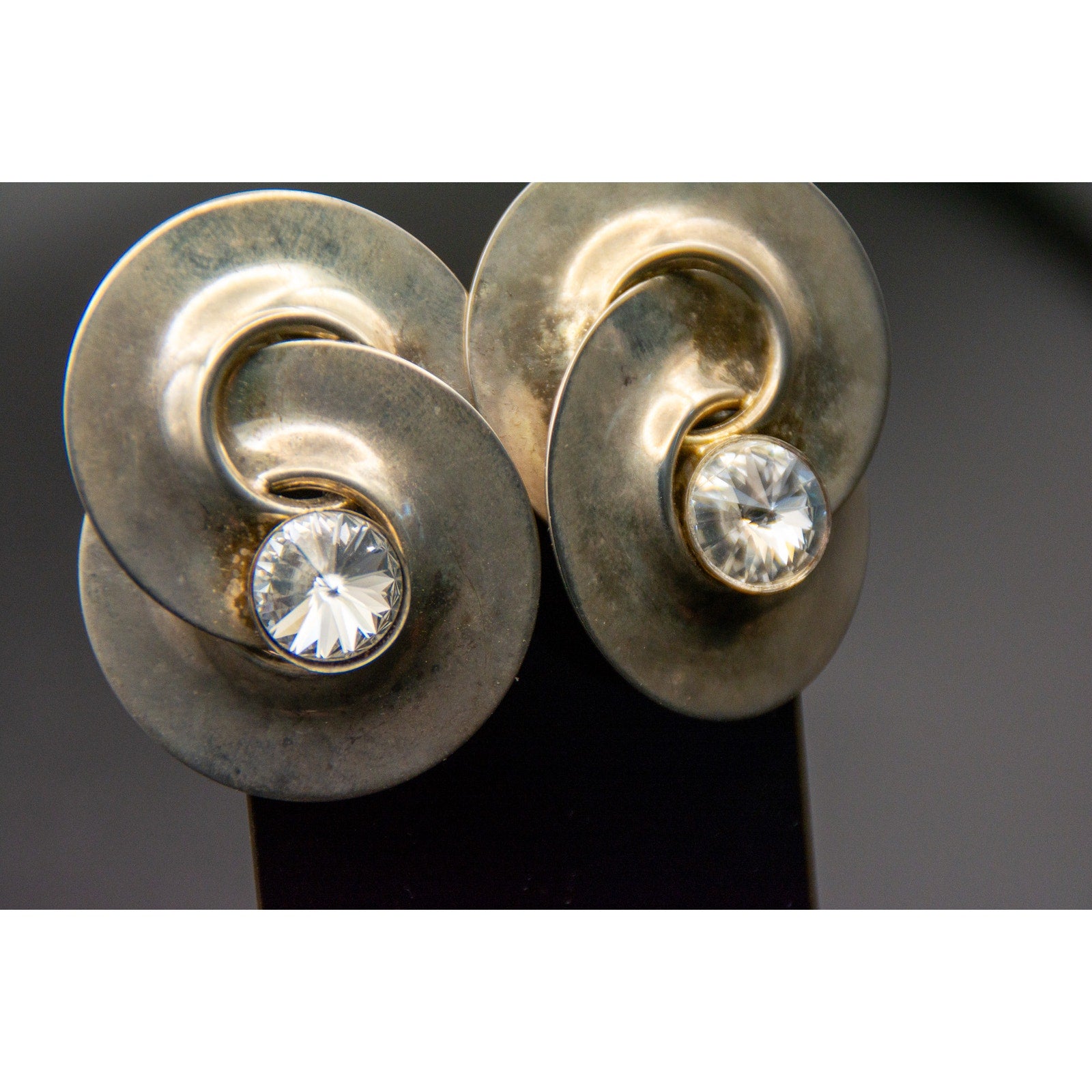 Vtg Norma Jean Swirl Clip On Earrings Large Rivoli Headlight Crystal 80s 90s