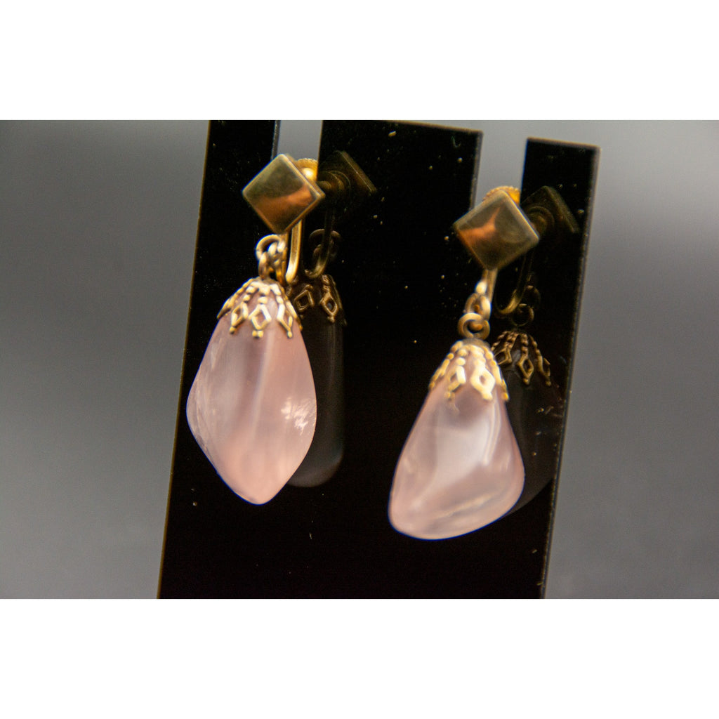 Vtg Rose Quartz Dangle Earrings Gold Tone Screw Back Handcrafted Love Crystal