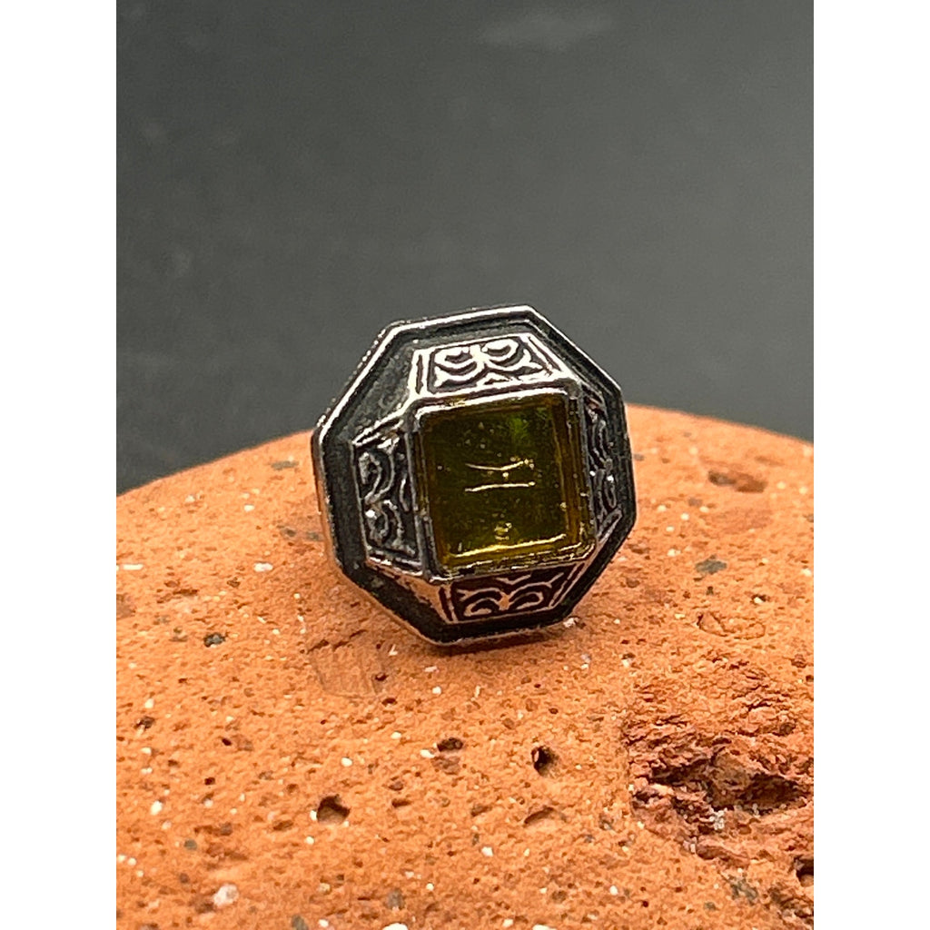 Vintage Geometric Octagon Yellow Glass Gem Silver Tone Lapel Pin