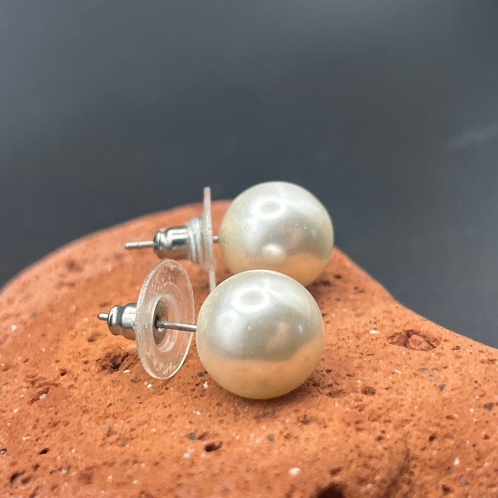 Vintage 10mm White Faux Pearl Stud Earrings Silver Tone Pierced Posts Classic