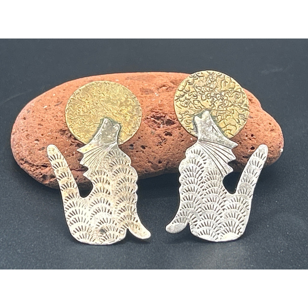 Vintage Sterling Silver Howling Wolf Full Moon Stud Earrings 925 Artisan Post