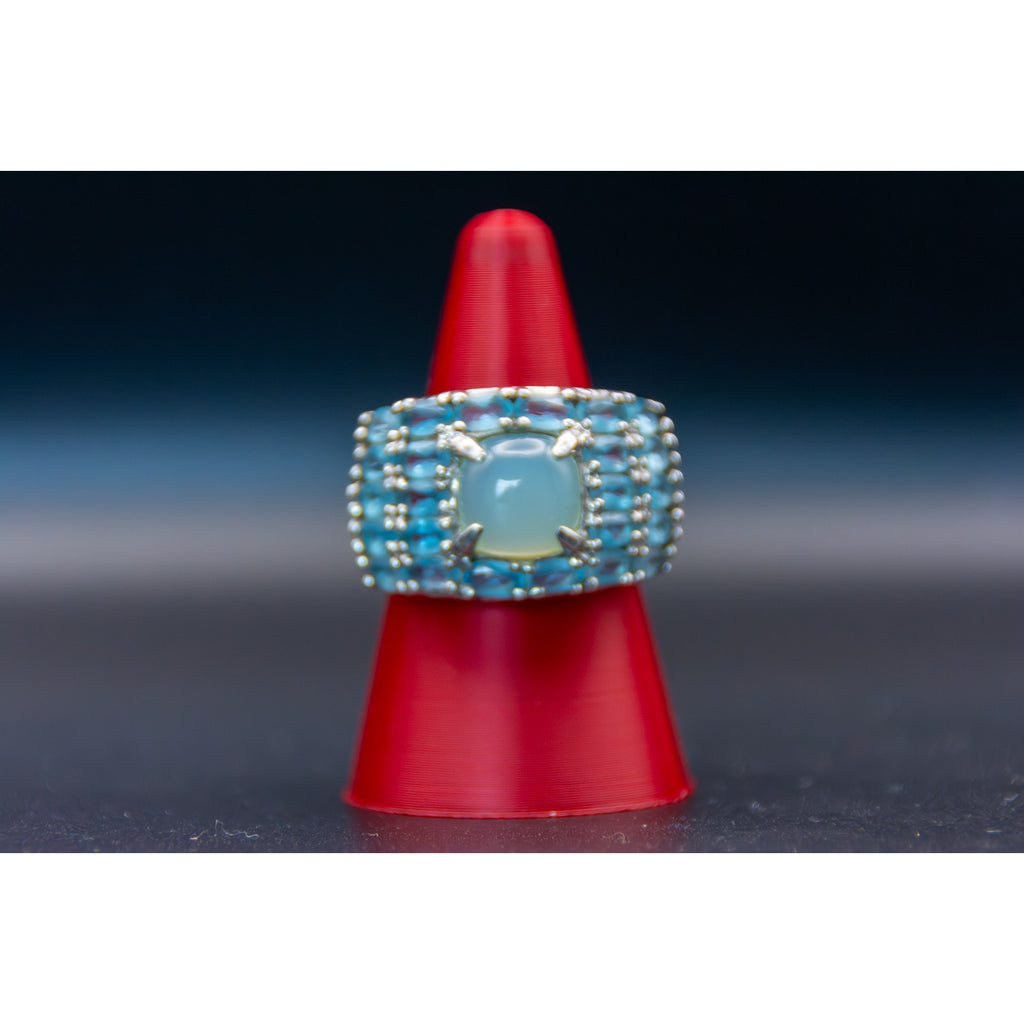 Vintage Green Chalcedony Blue Topaz Sterling Silver Ring - Size 6