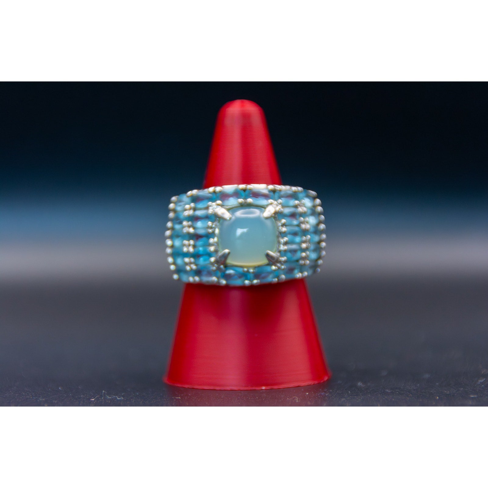 Vintage Green Chalcedony Blue Topaz Sterling Silver Ring - Size 6