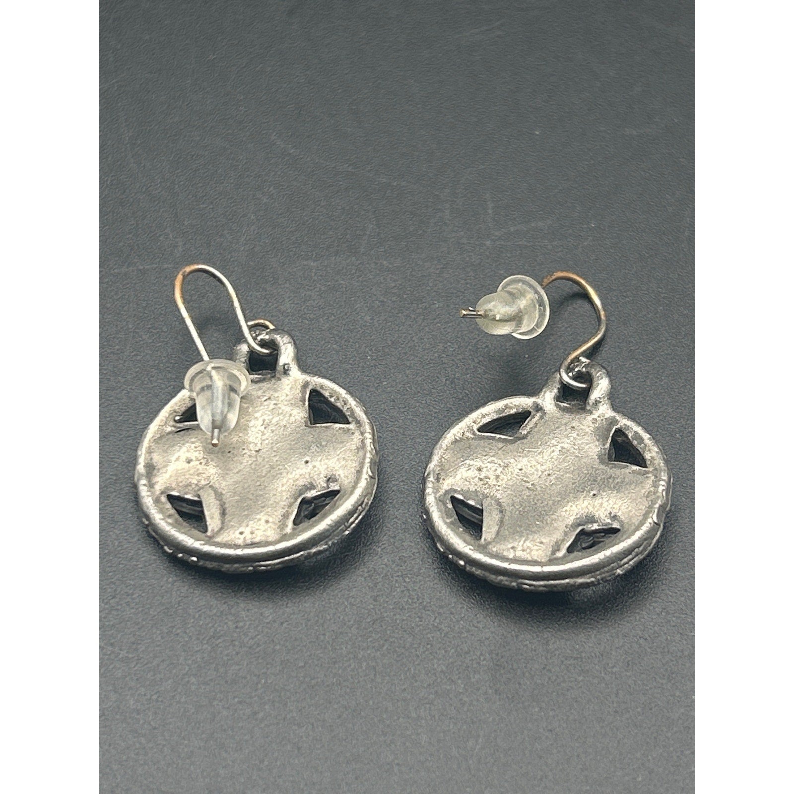 Vintage Silver Tone SE Asian Style Embossed Floral Disc Dangle Earrings