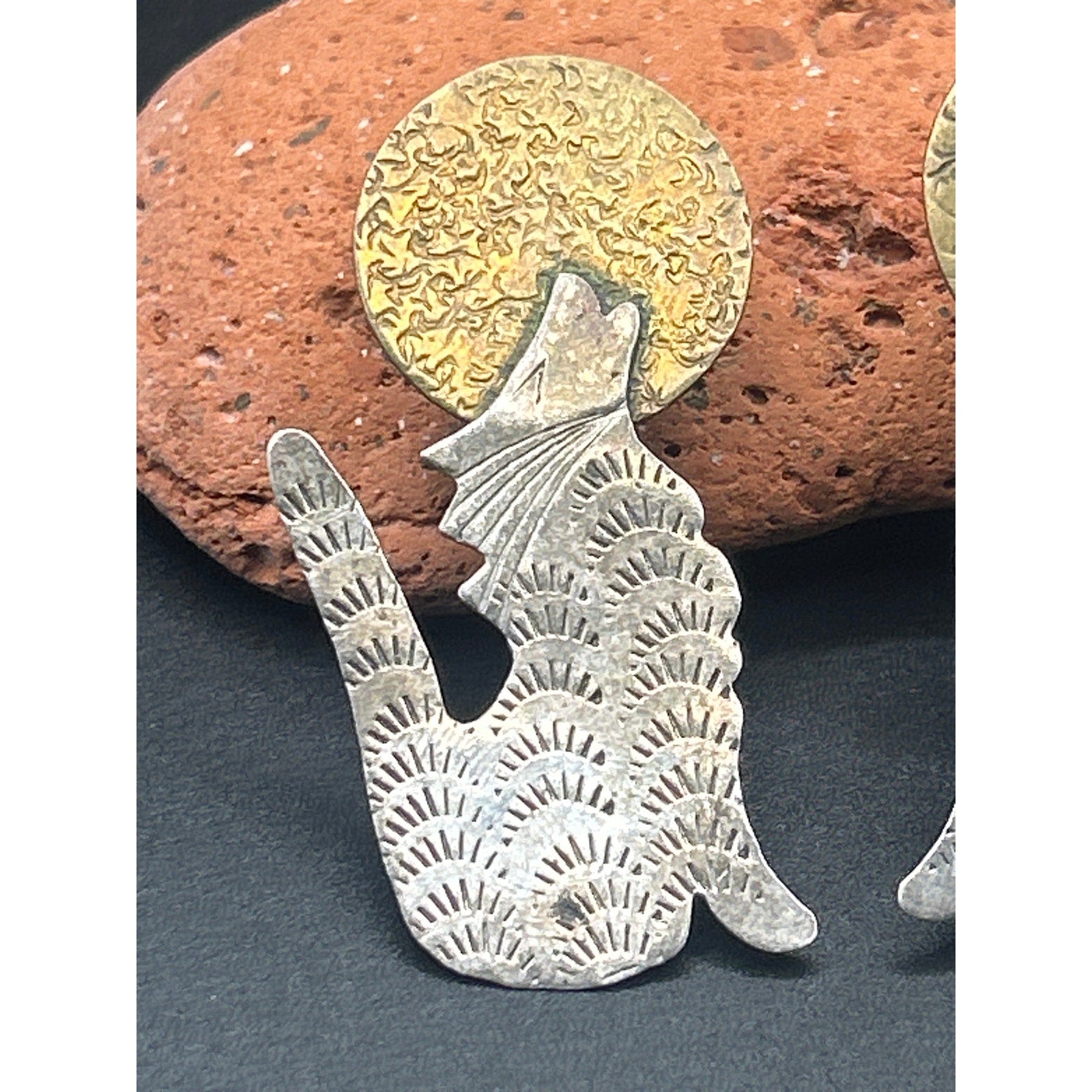 Vintage Sterling Silver Howling Wolf Full Moon Stud Earrings 925 Artisan Post