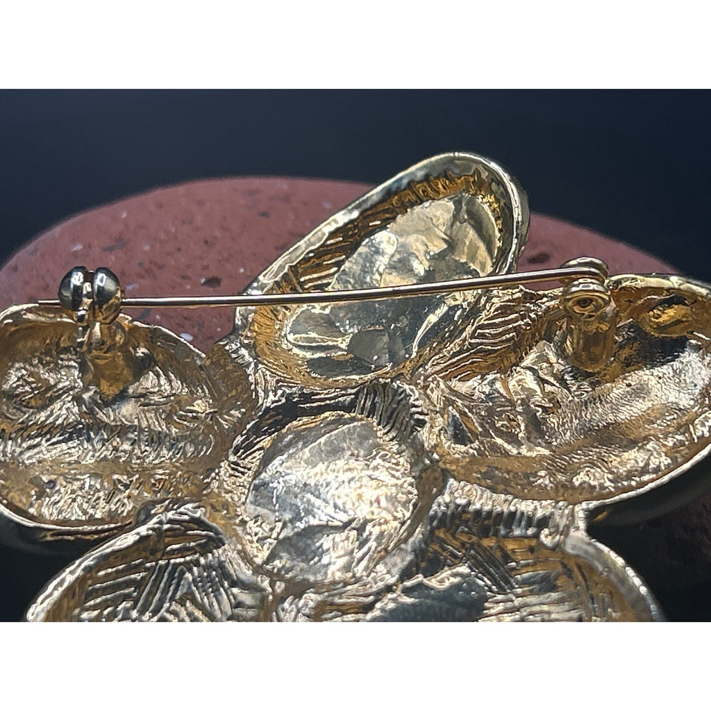 Vintage 80s Gold Tone Flower Brooch Faux Pearl Rhinestone Floral Pin 2.5 x 2.5"