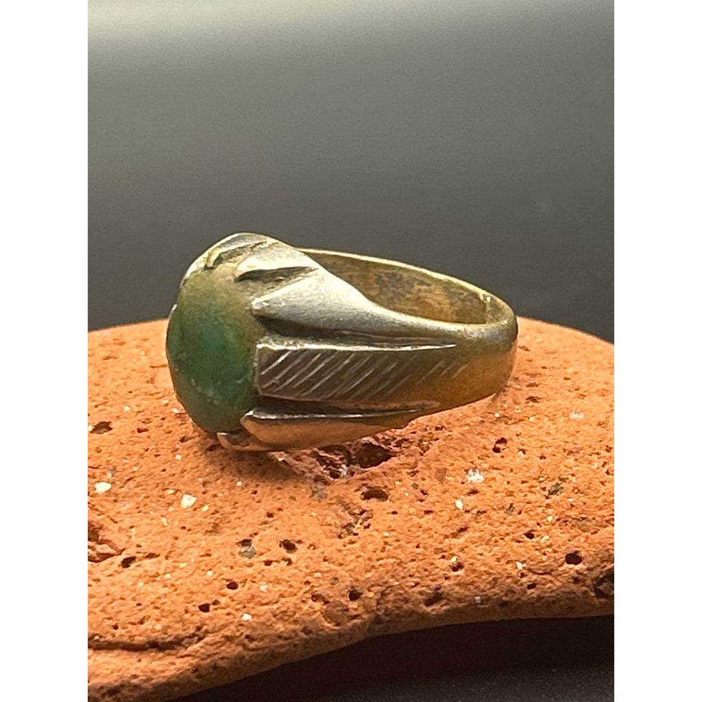 Vintage Afghan Kochi Tribal Ring Brass Alloy Green Glass Cabochon Size 10.5