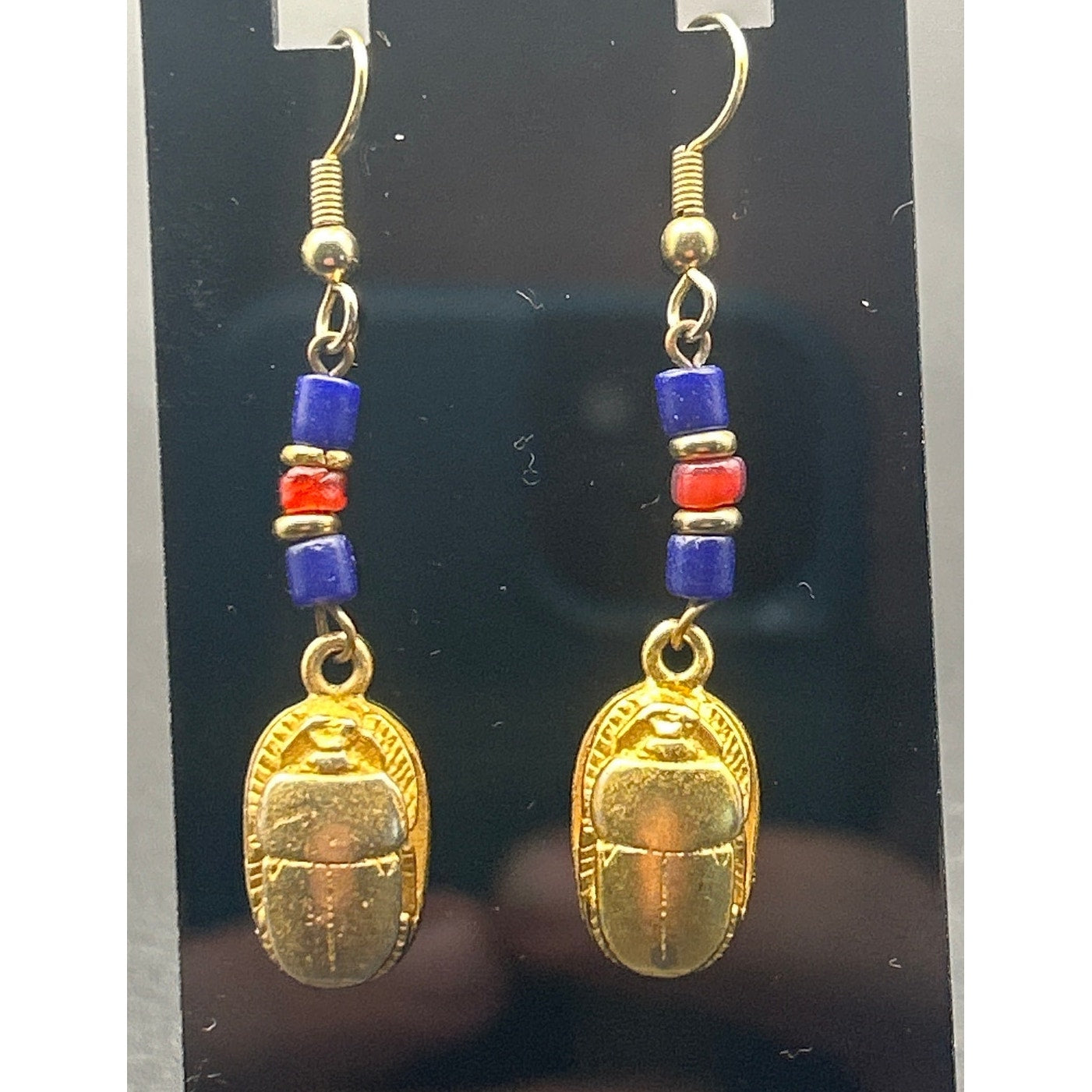 Vintage Egyptian Revival Scarab Earrings | Gold Tone Blue Red Bead Drop